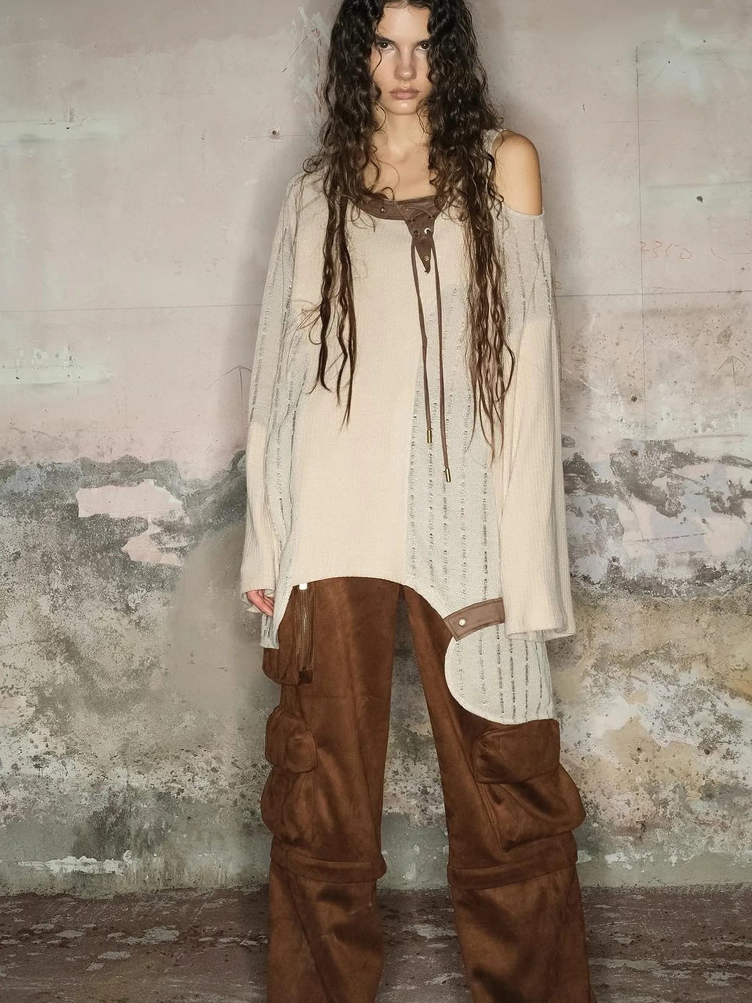 Distressed Mesh Knit Sweater With Scarf