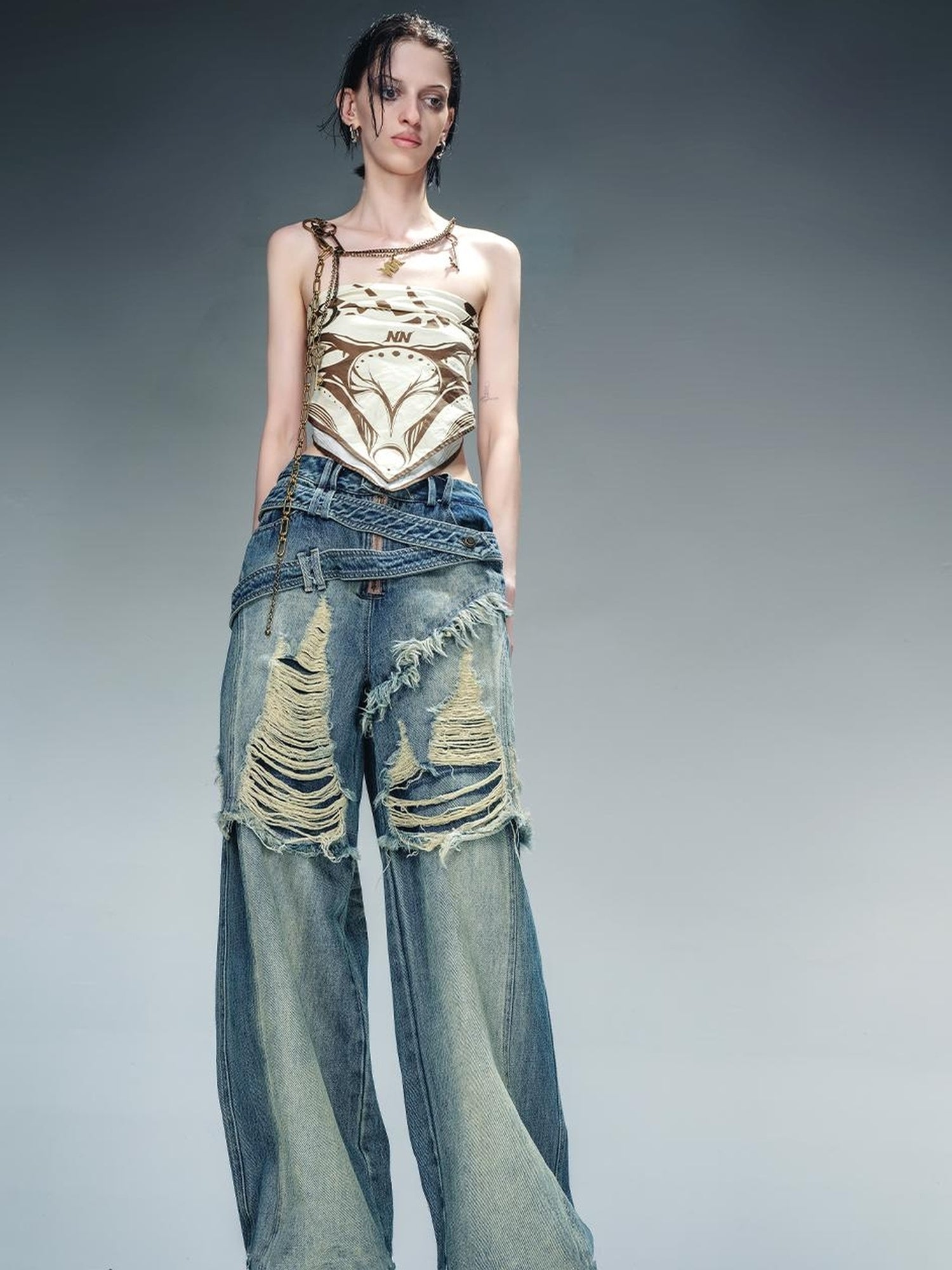 NN NORTH NODE Distressed Pulled Denim Jeans With Ripped Details