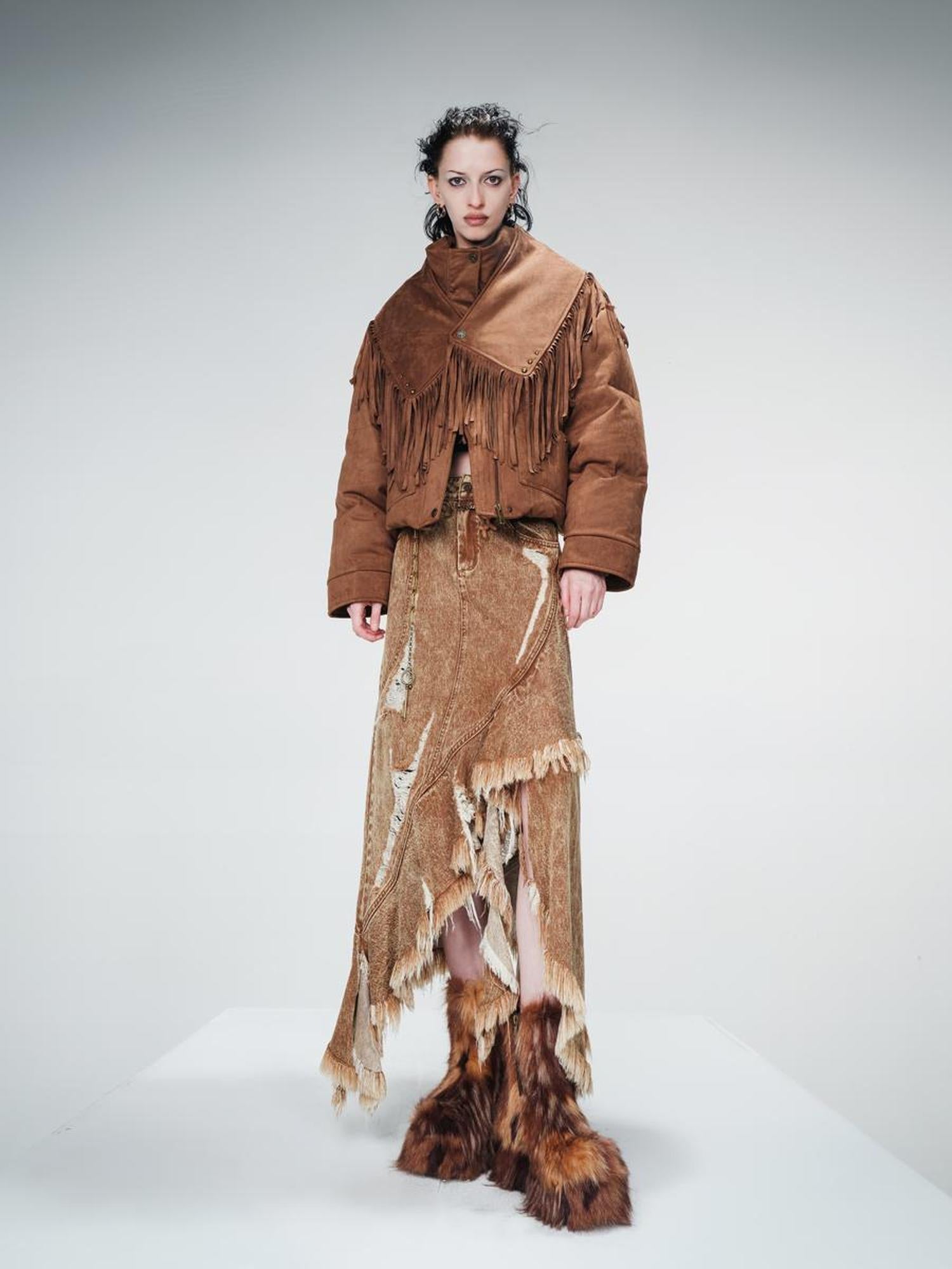 UpdateNN NORTH NODE Distressed Raw Hem Denim Skirt With Asymmetrical Flounce