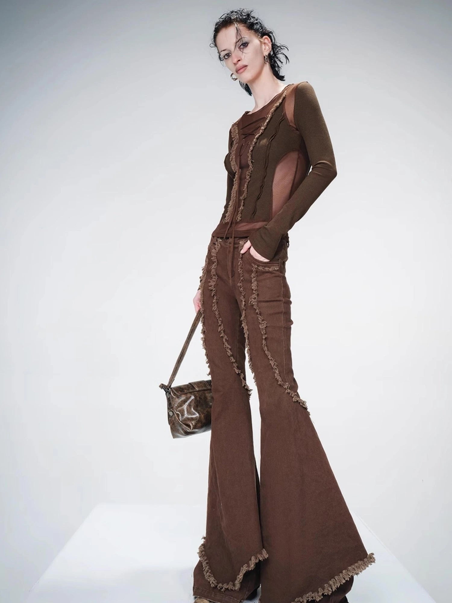 Distressed Slim Fit Flared Denim Trousers