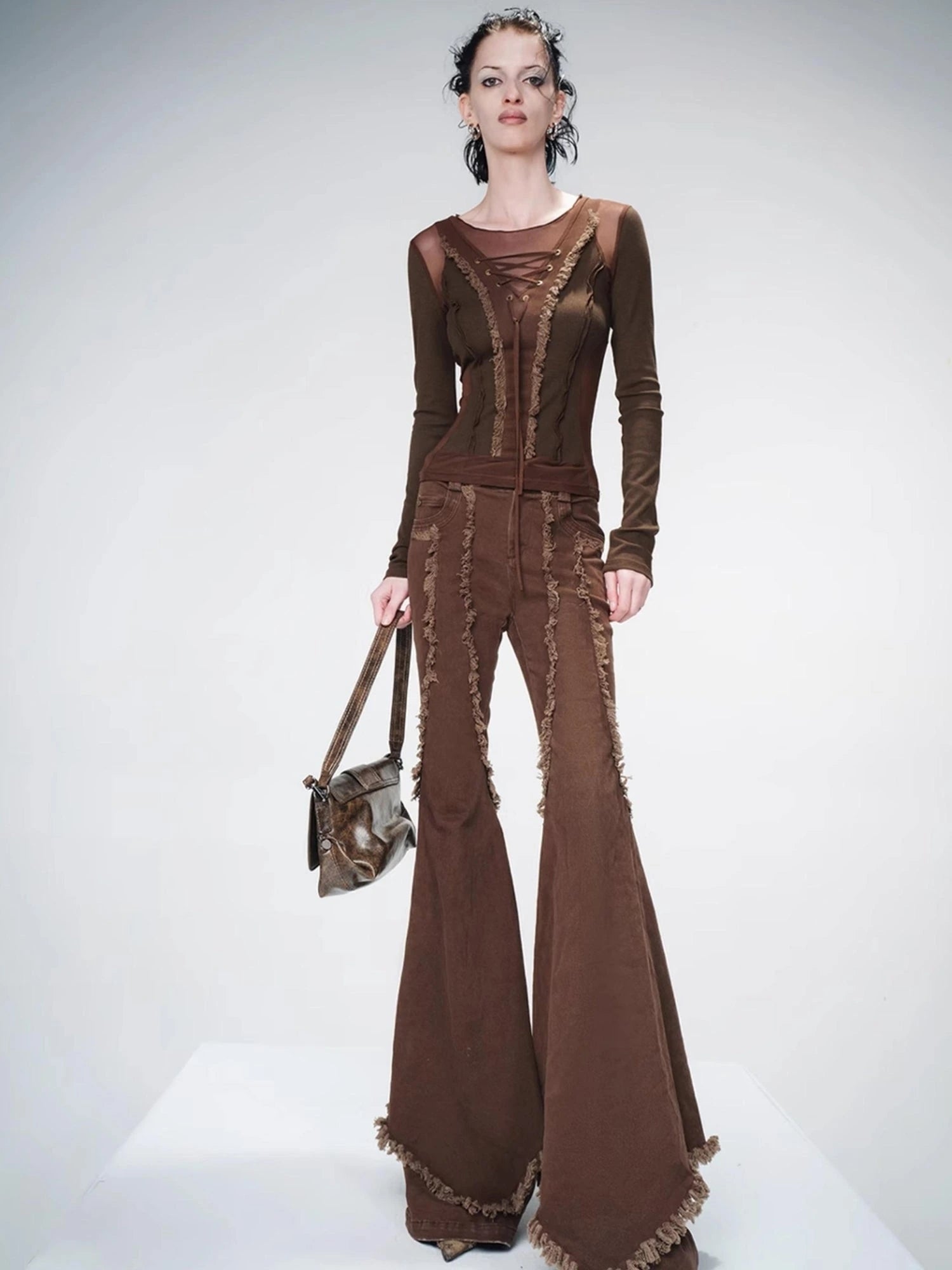 Distressed Slim Fit Flared Denim Trousers