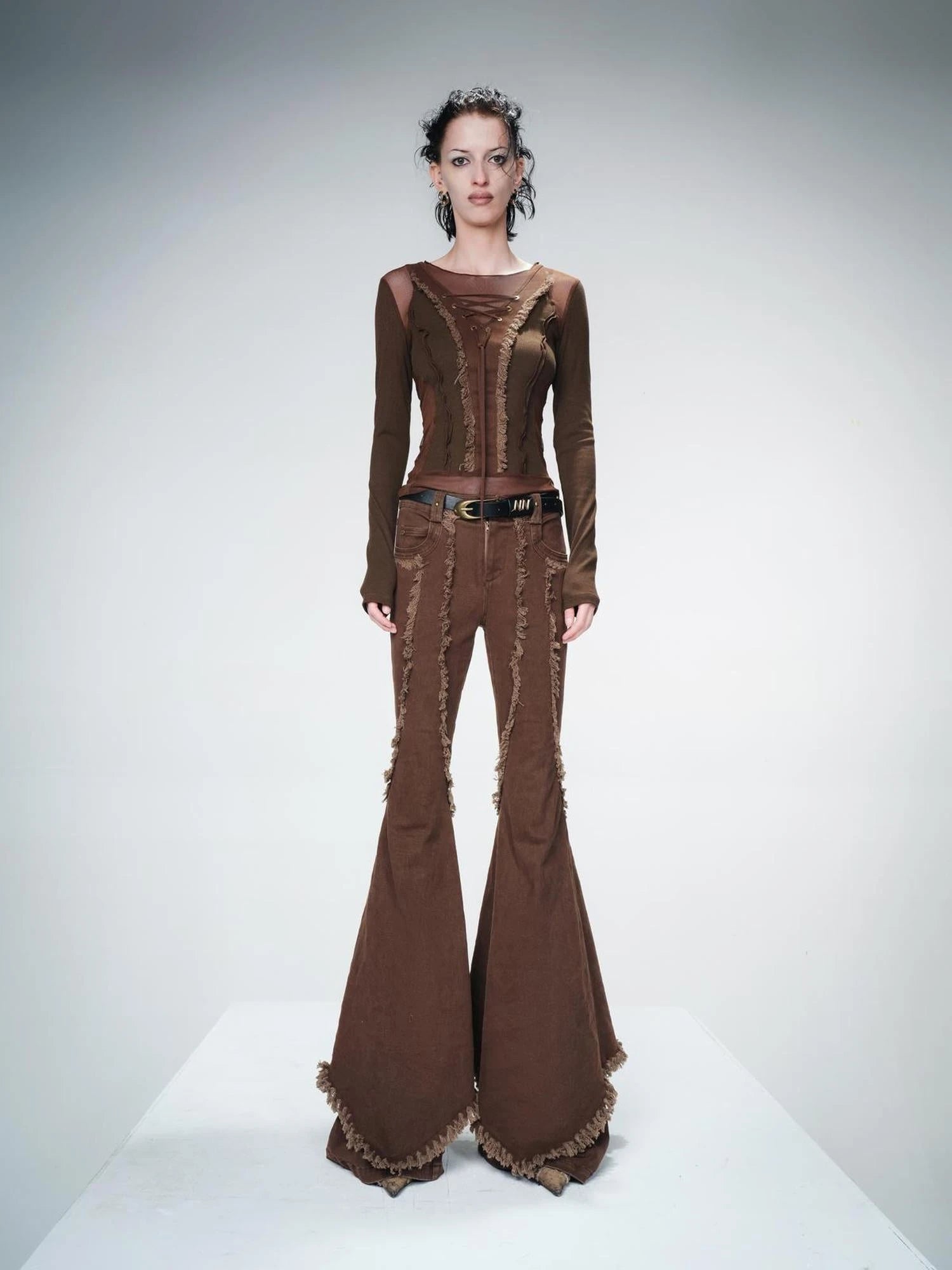 Distressed Slim Fit Flared Denim Trousers