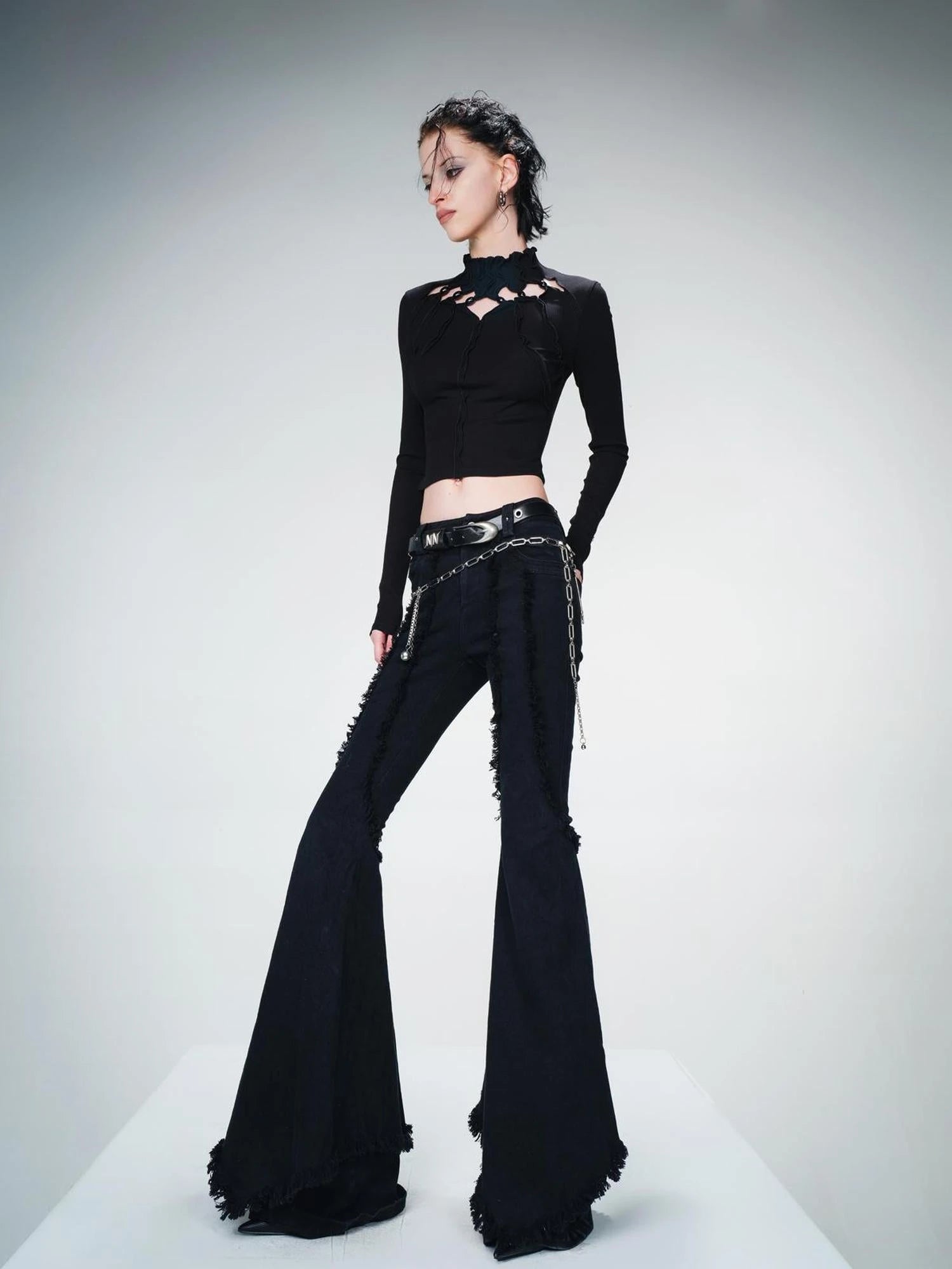 Distressed Slim Fit Flared Denim Trousers