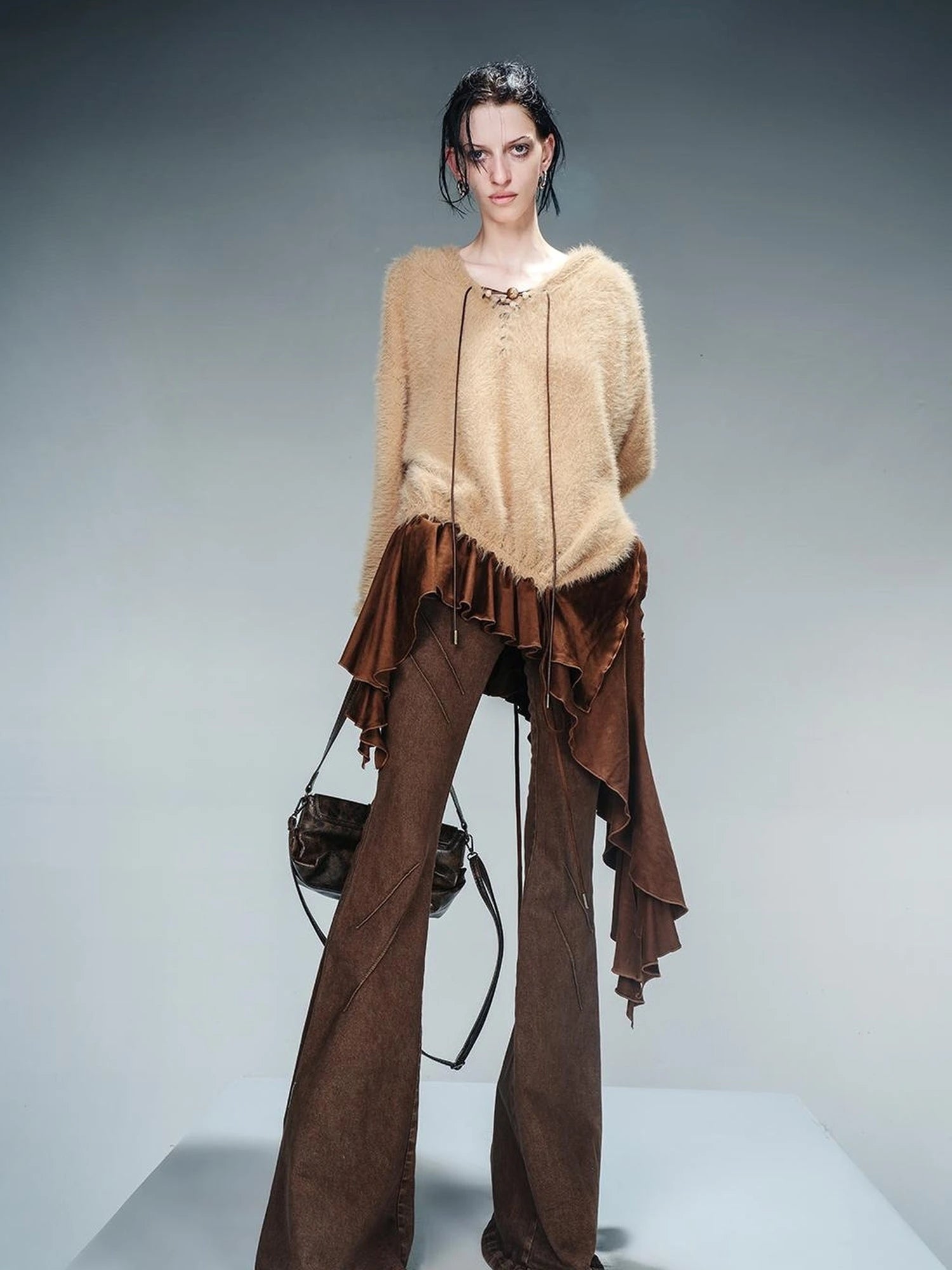 Distressed Suede Panel Asymmetrical Knit Sweater