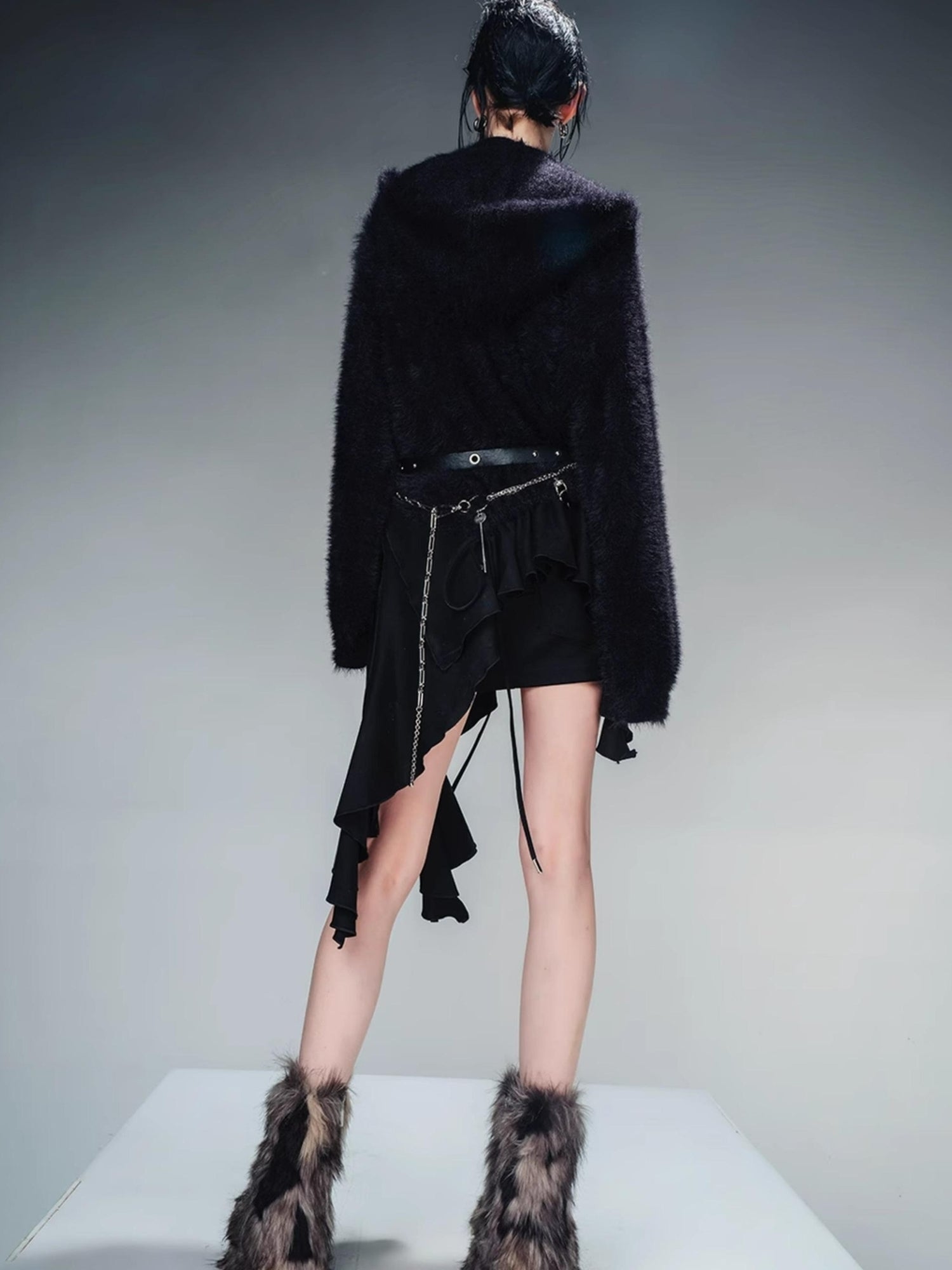 NN NORTH NODE Distressed Suede Panel Asymmetrical Knit Sweater