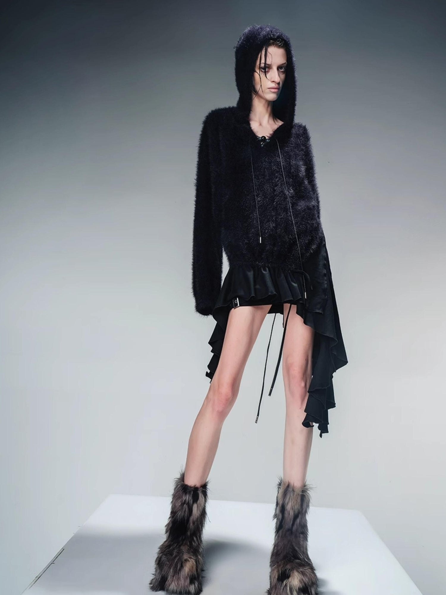 NN NORTH NODE Distressed Suede Panel Asymmetrical Knit Sweater
