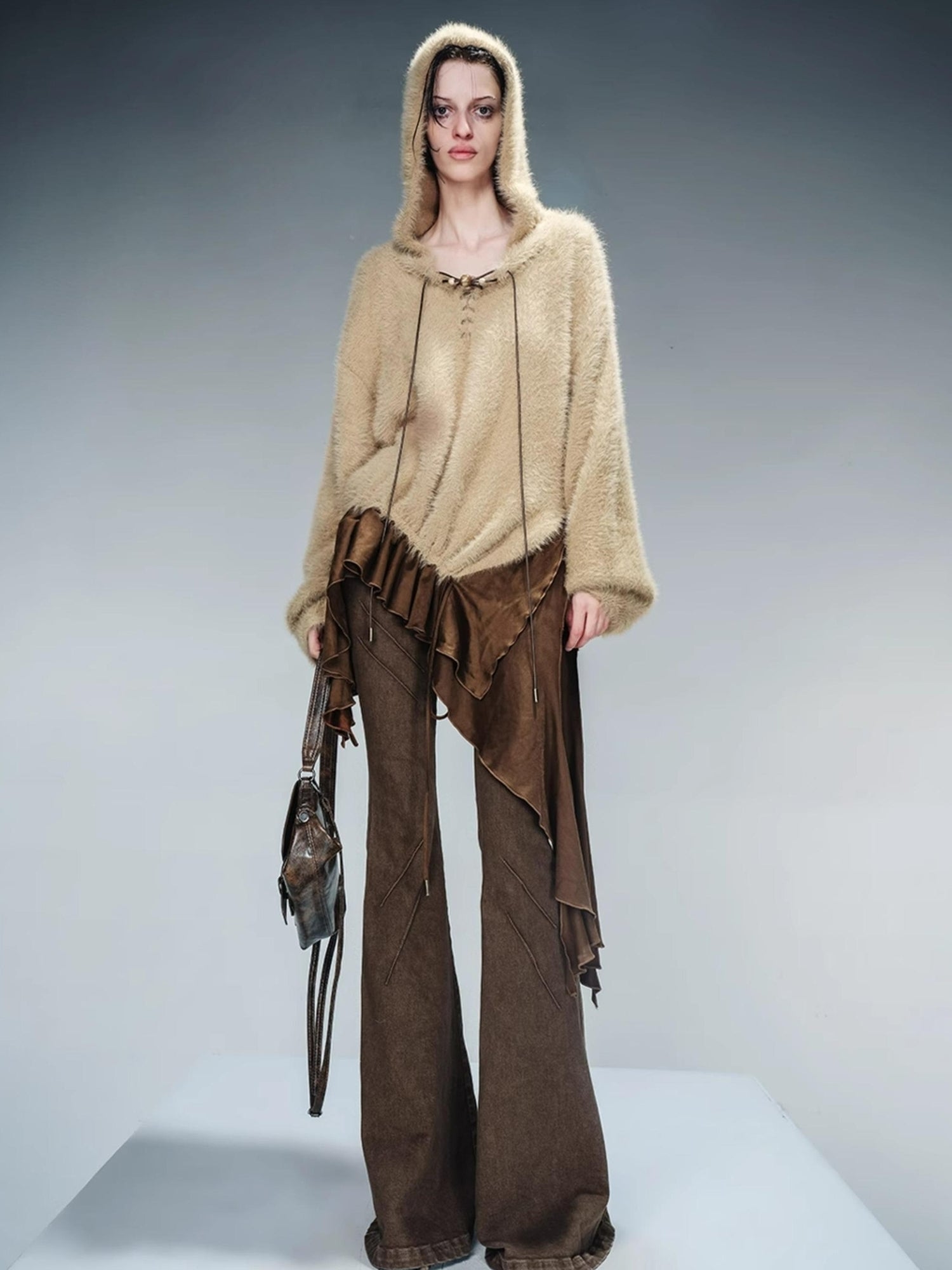 NN NORTH NODE Distressed Suede Panel Asymmetrical Knit Sweater