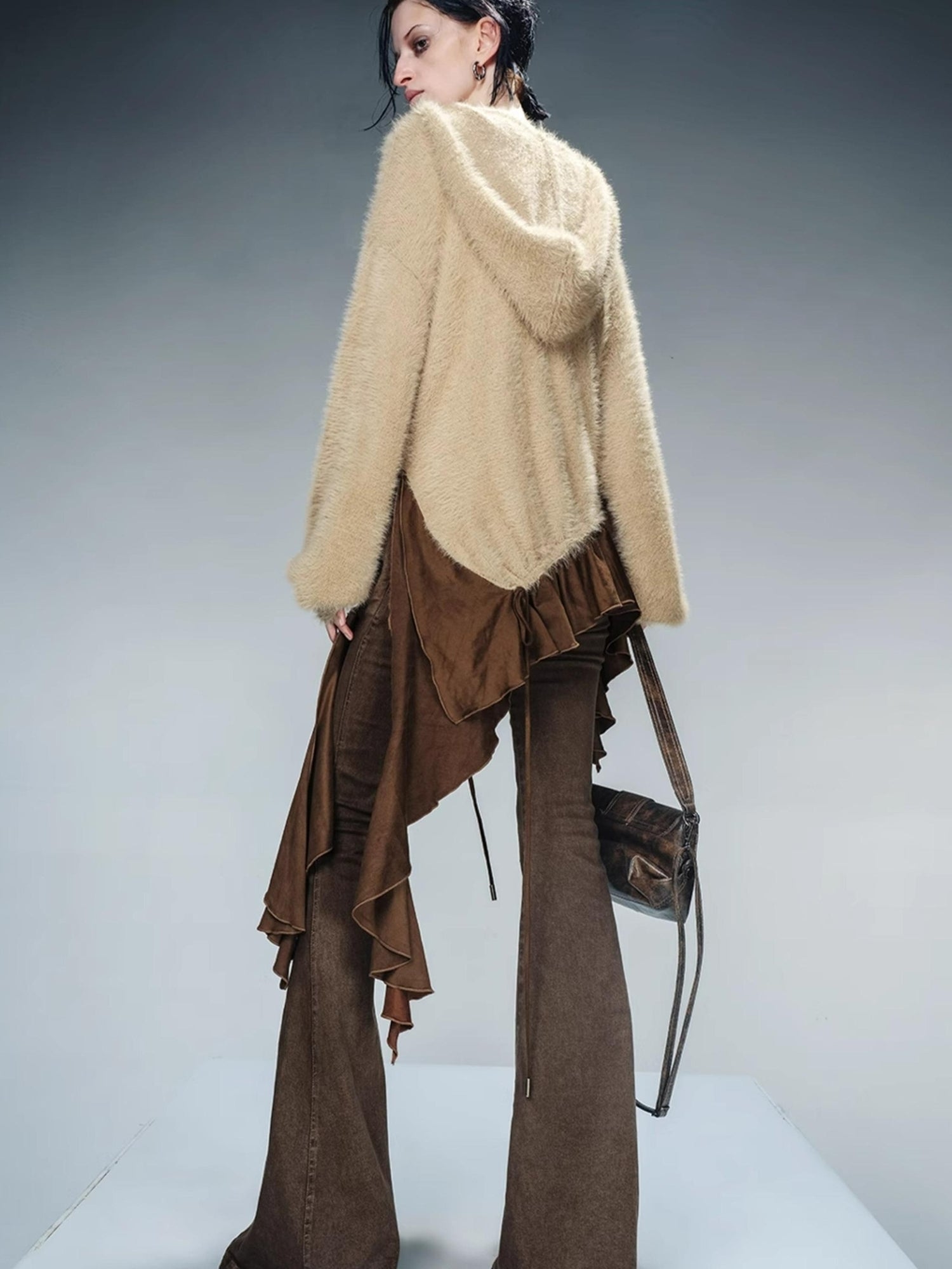 NN NORTH NODE Distressed Suede Panel Asymmetrical Knit Sweater