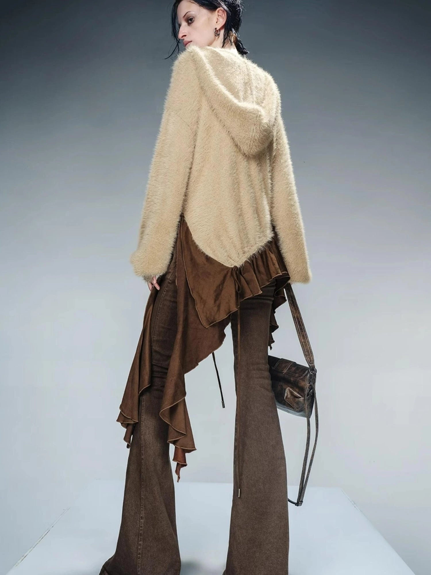 Distressed Suede Panel Asymmetrical Knit Sweater