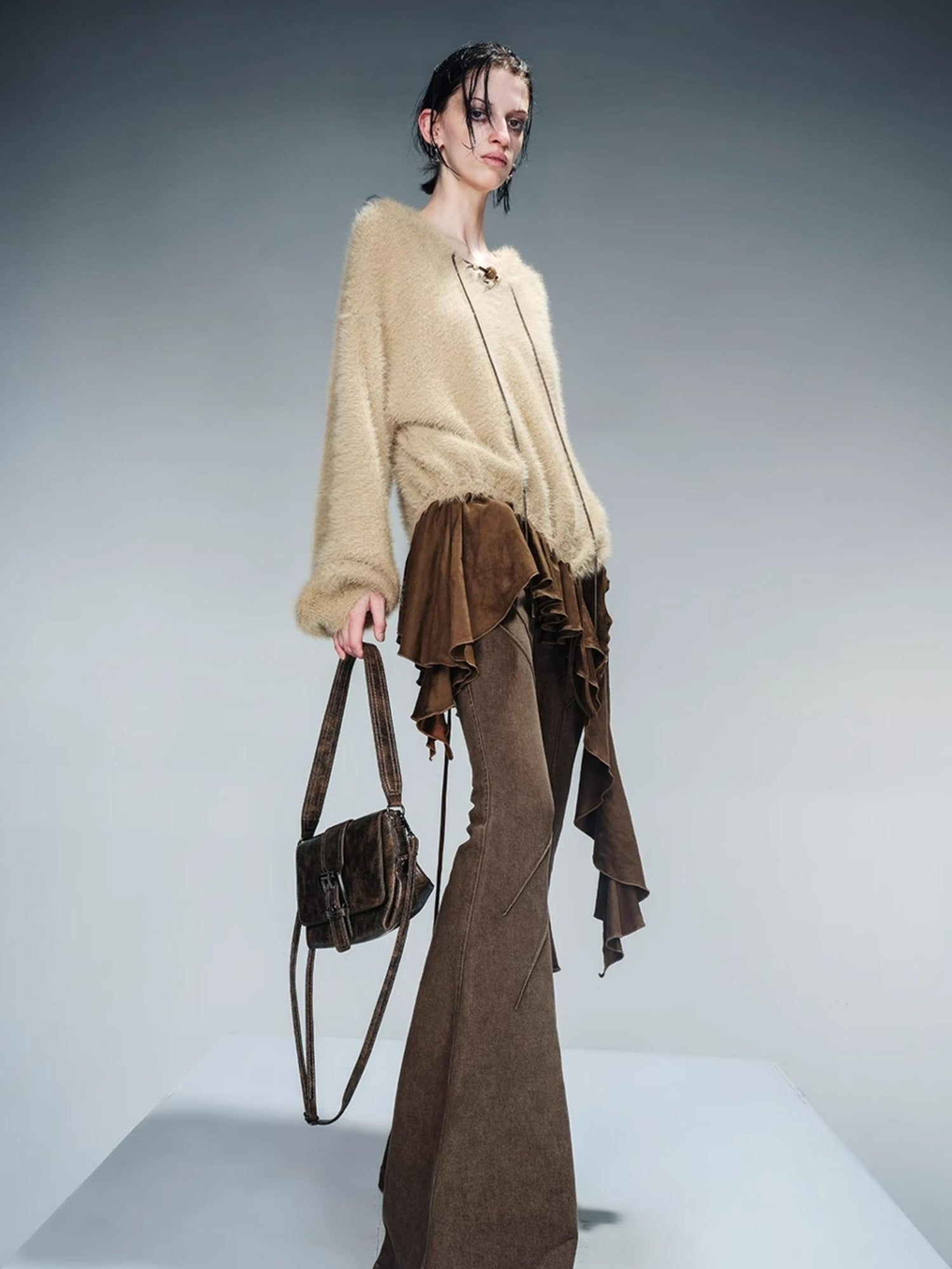NN NORTH NODE Distressed Suede Panel Asymmetrical Knit Sweater