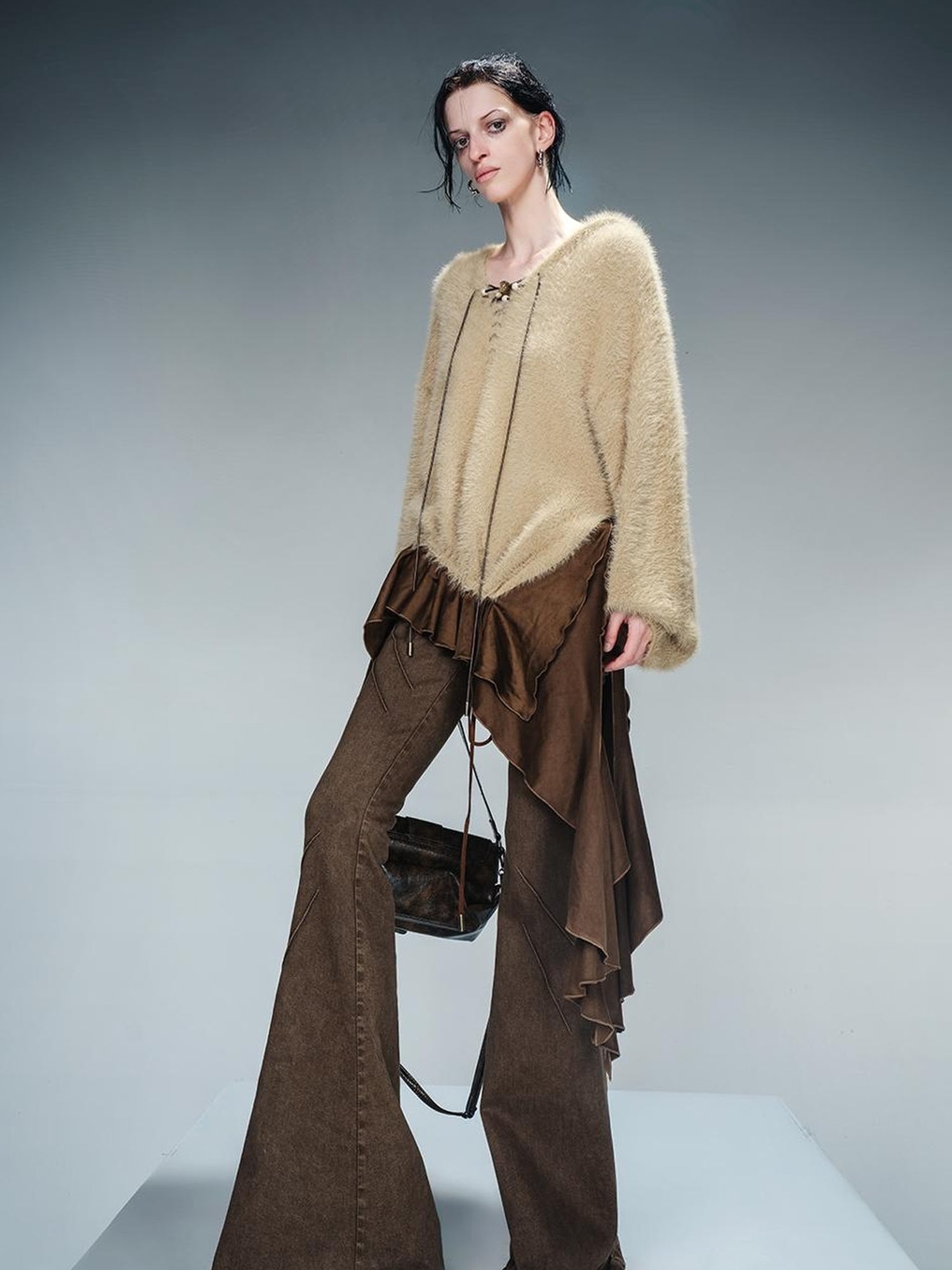 NN NORTH NODE Distressed Suede Panel Asymmetrical Knit Sweater