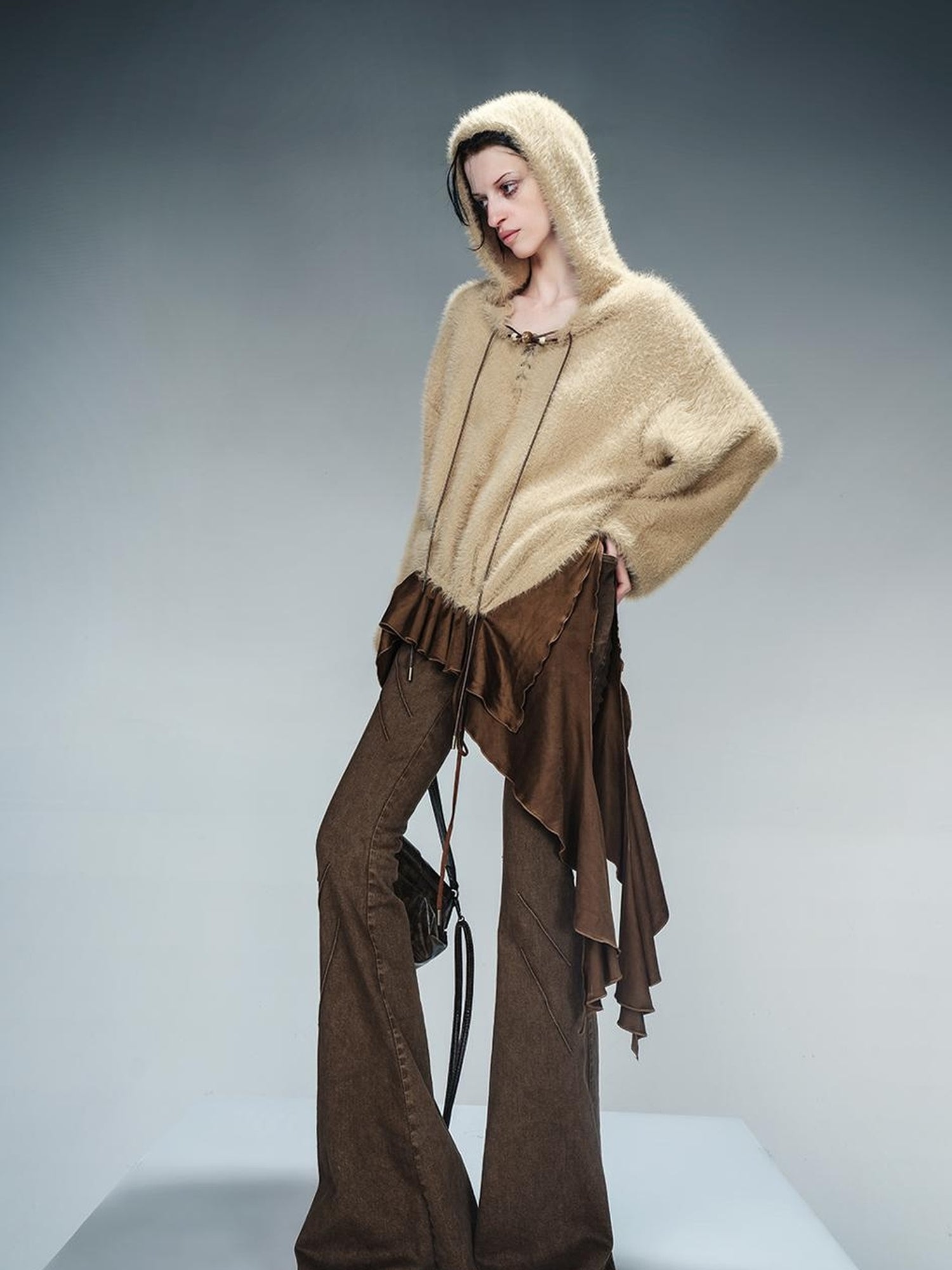 NN NORTH NODE Distressed Suede Panel Asymmetrical Knit Sweater