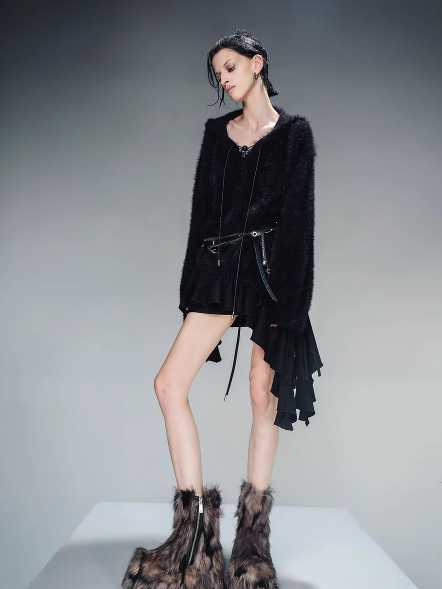 NN NORTH NODE Distressed Suede Panel Asymmetrical Knit Sweater