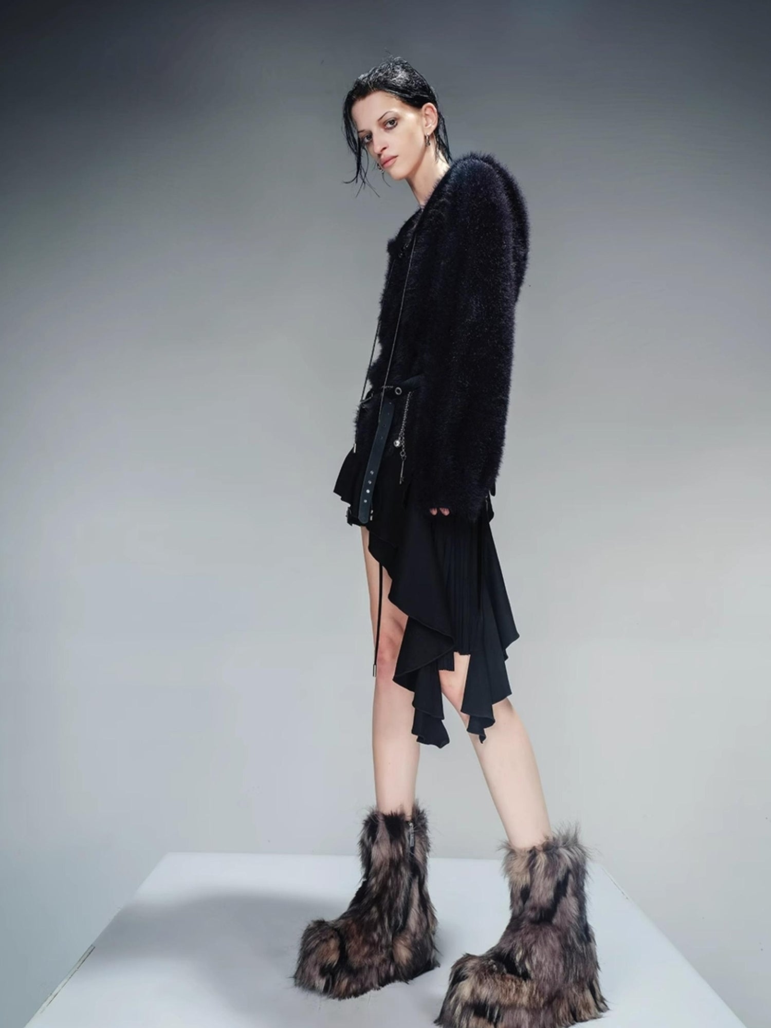 NN NORTH NODE Distressed Suede Panel Asymmetrical Knit Sweater