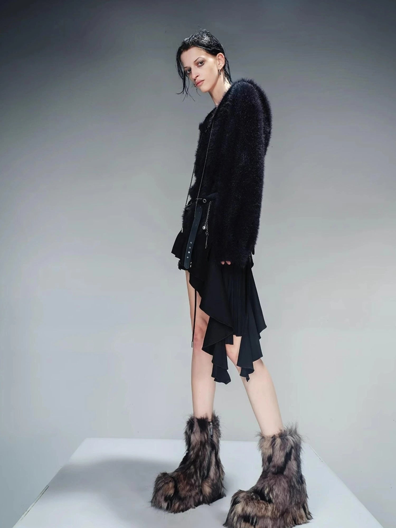 Distressed Suede Panel Asymmetrical Knit Sweater