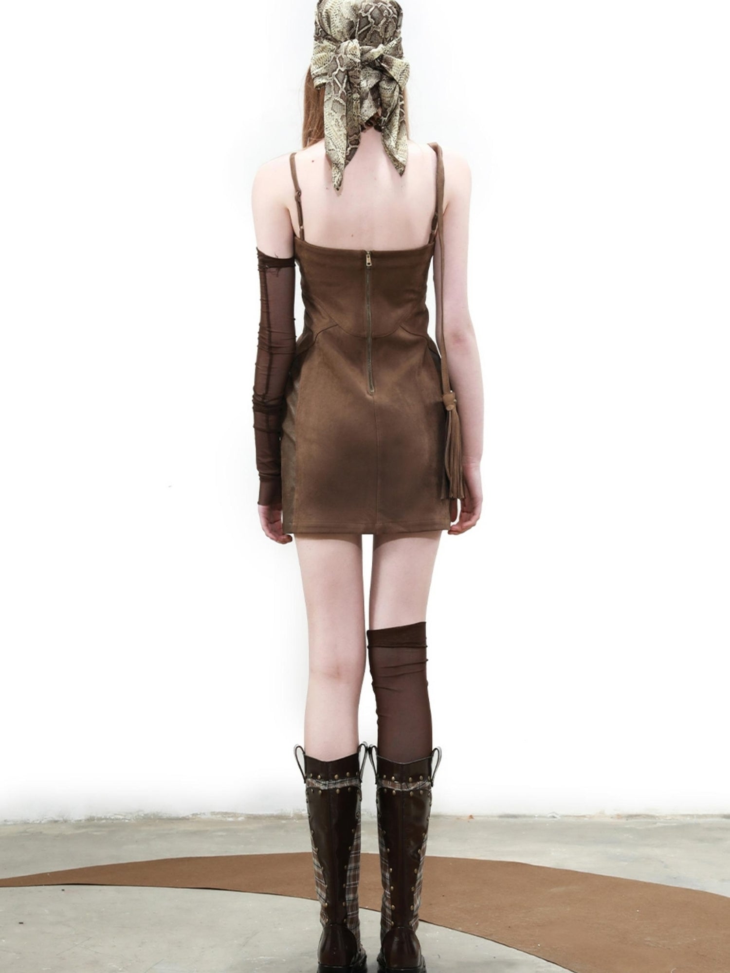 UpdateNN NORTH NODE Distressed Suede Patchwork Strap V-neck Dress