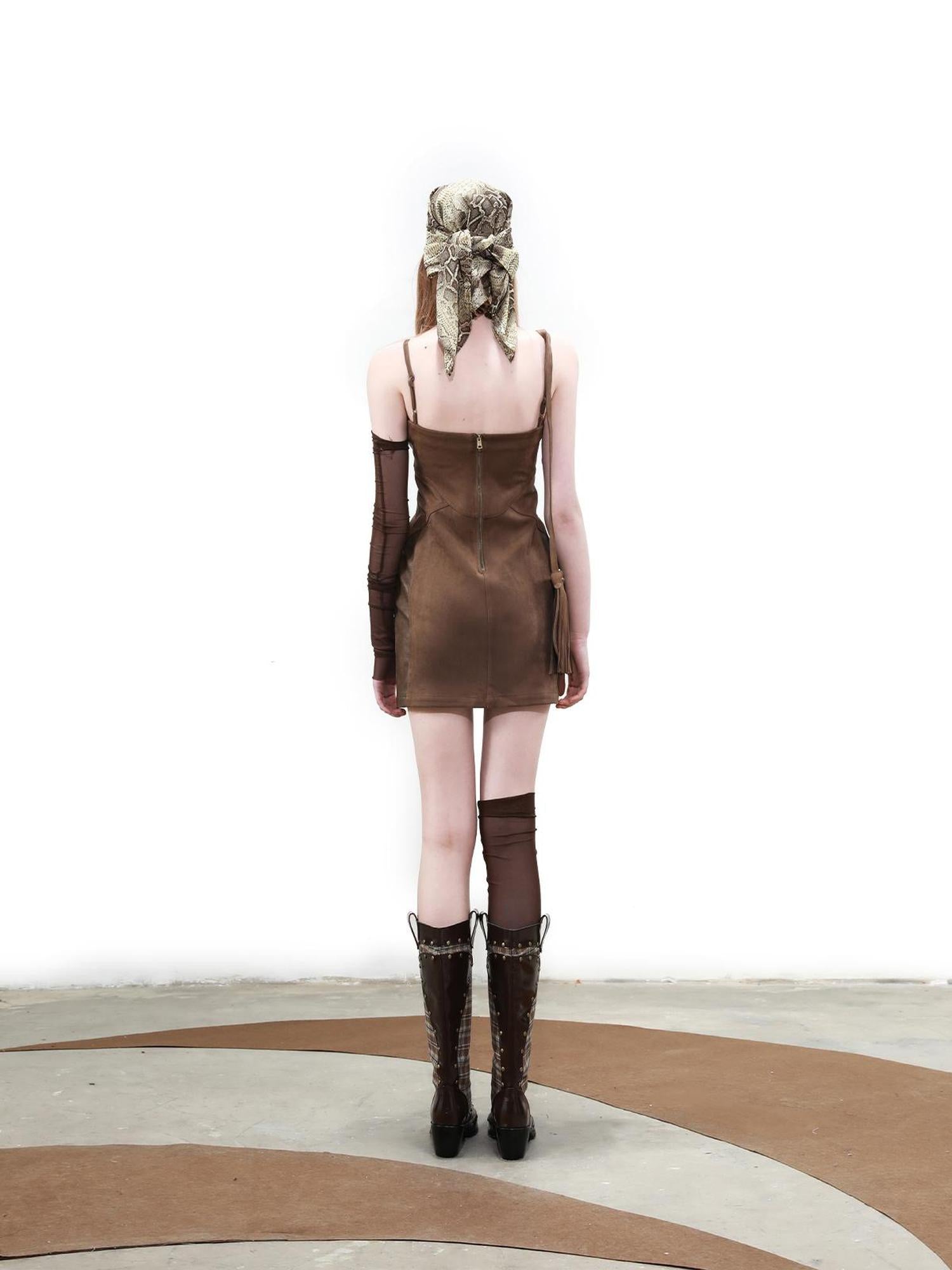 UpdateNN NORTH NODE Distressed Suede Patchwork Strap V-neck Dress