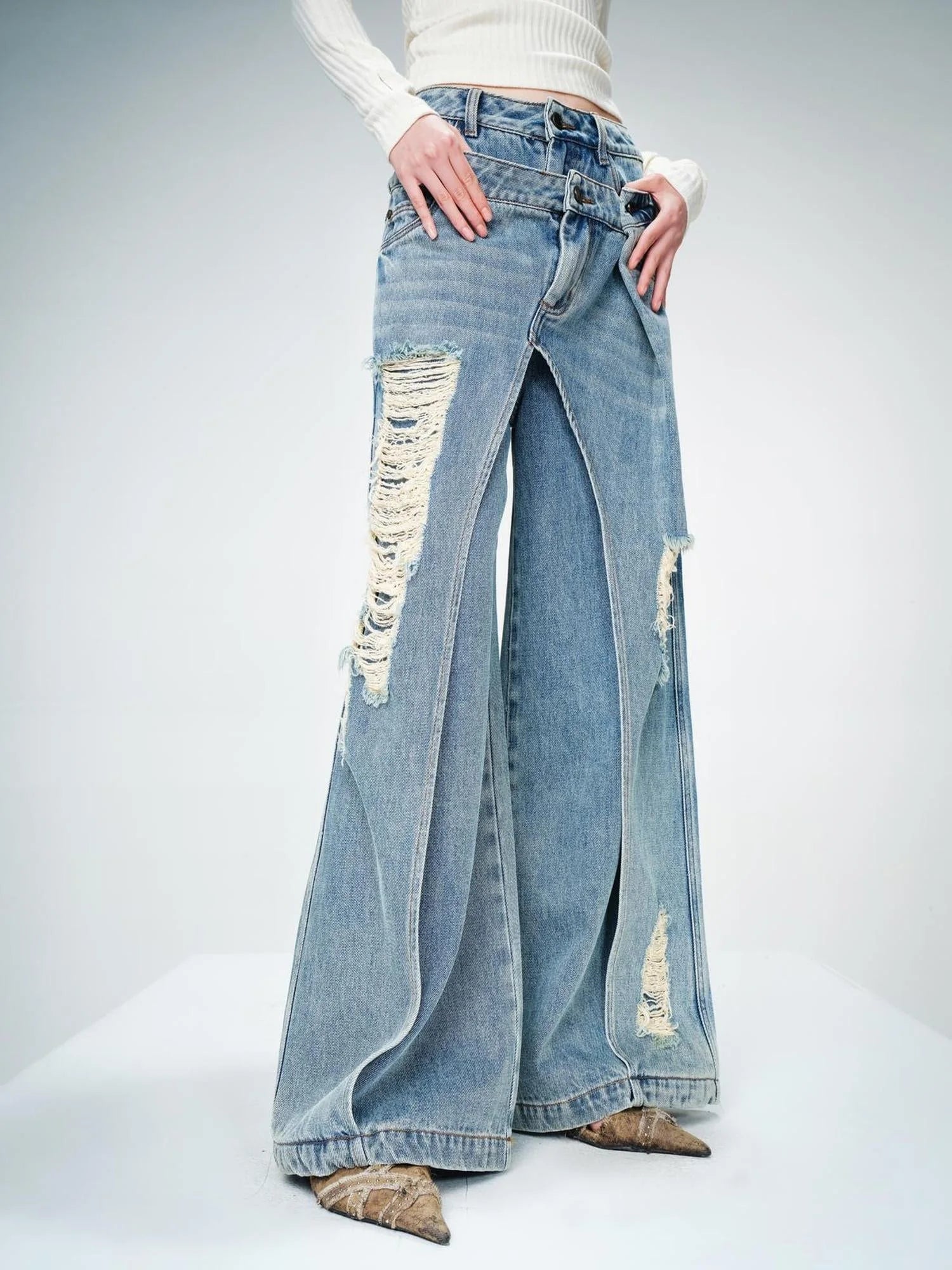 Double Layer Blue Jeans With Solemn Penetration Effect
