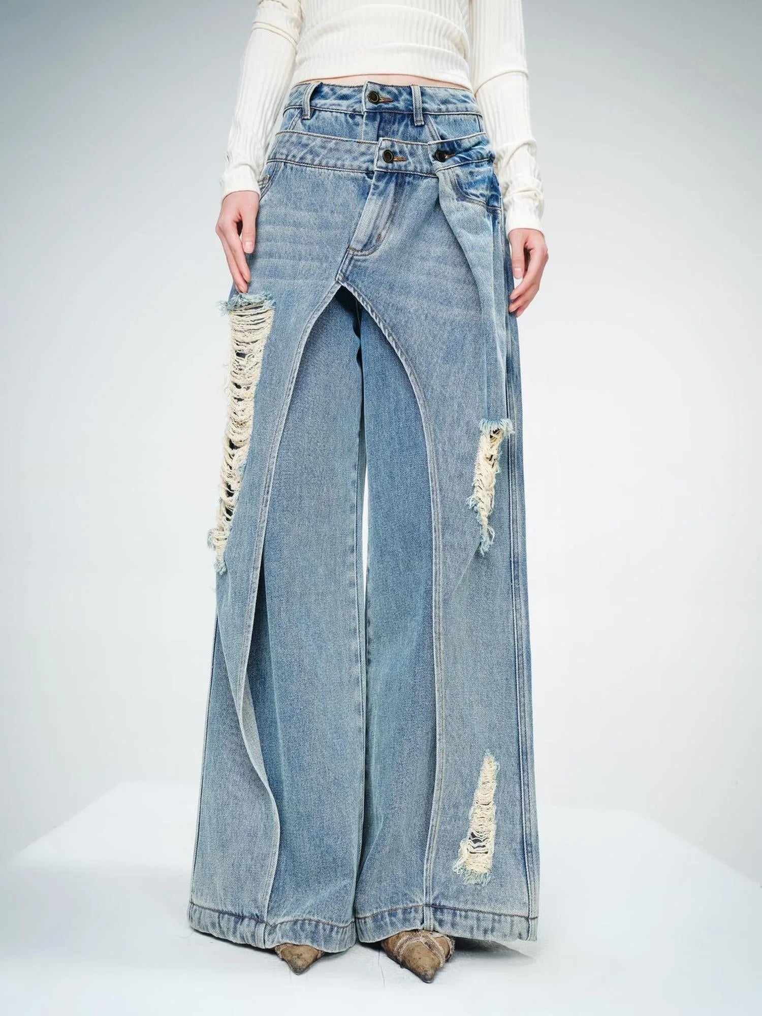 Double Layer Blue Jeans With Solemn Penetration Effect