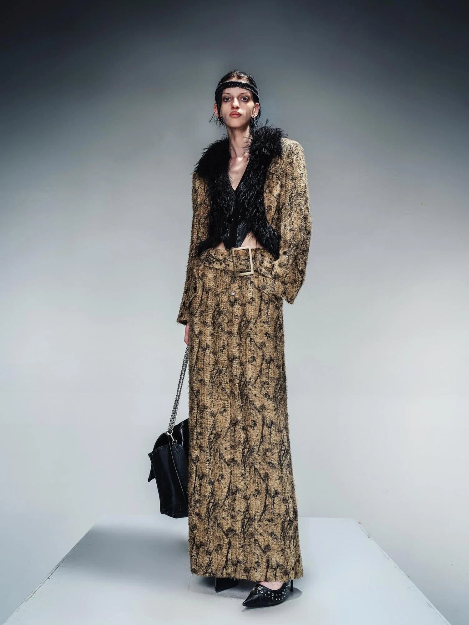 Dry Leaf Print Tweed Suit Set V-Neck T-Shirt Long-Sleeve