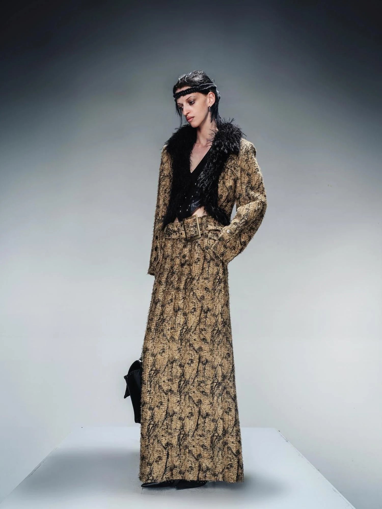 Dry Leaf Print Tweed Suit Set V-Neck T-Shirt Long-Sleeve