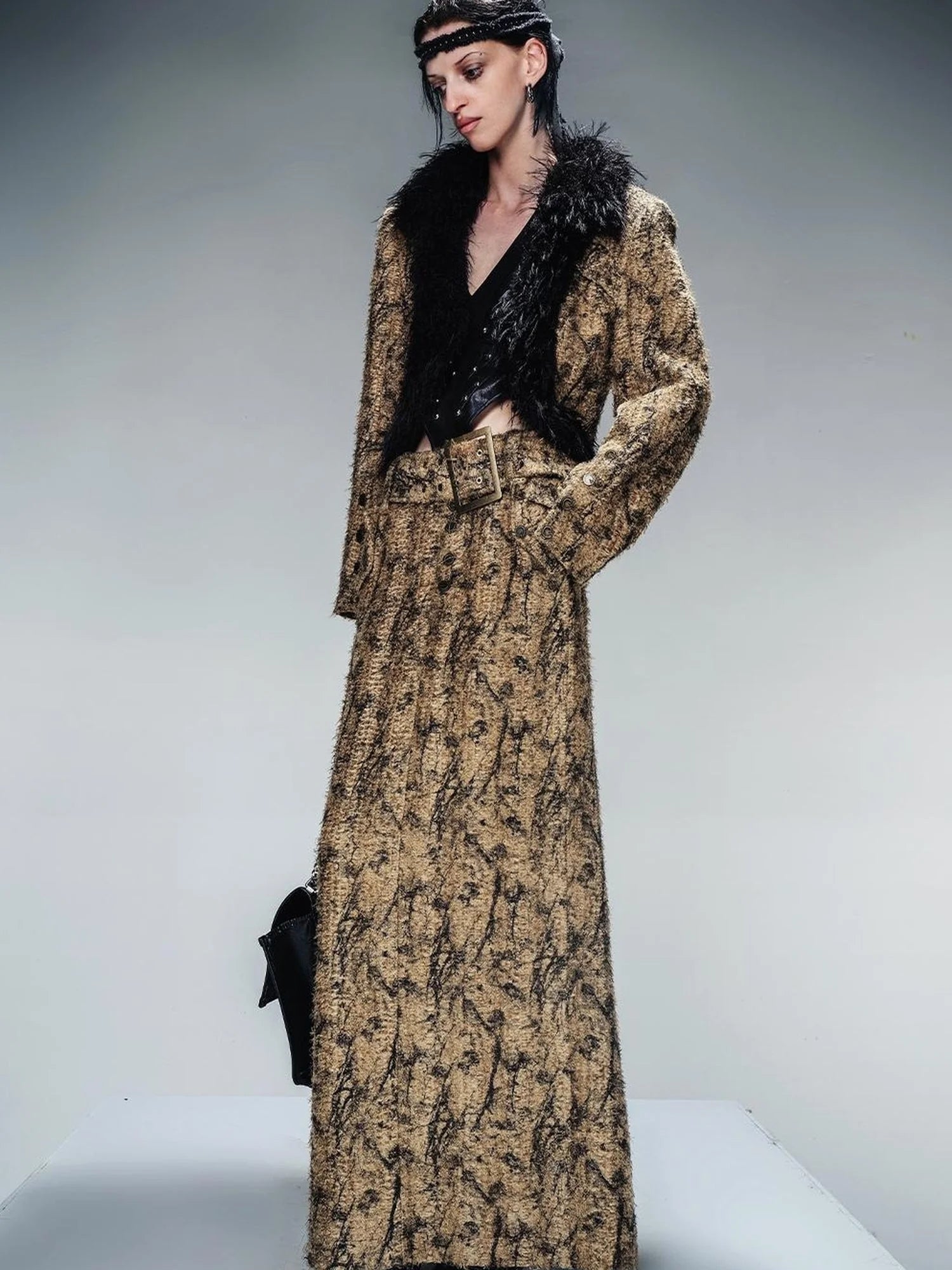 Dry Leaf Print Tweed Suit Set V-Neck T-Shirt Long-Sleeve