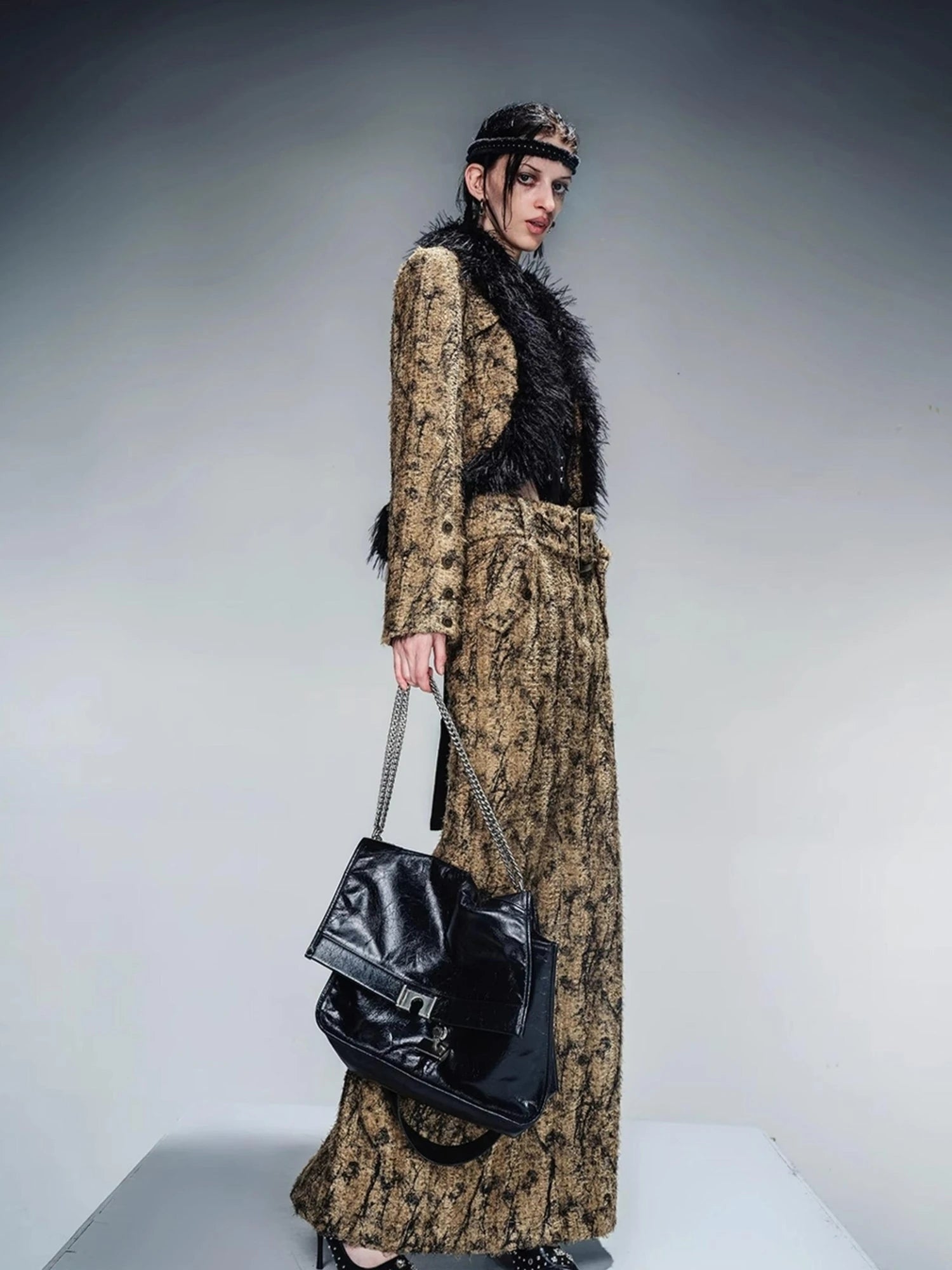 Dry Leaf Print Tweed Suit Set V-Neck T-Shirt Long-Sleeve