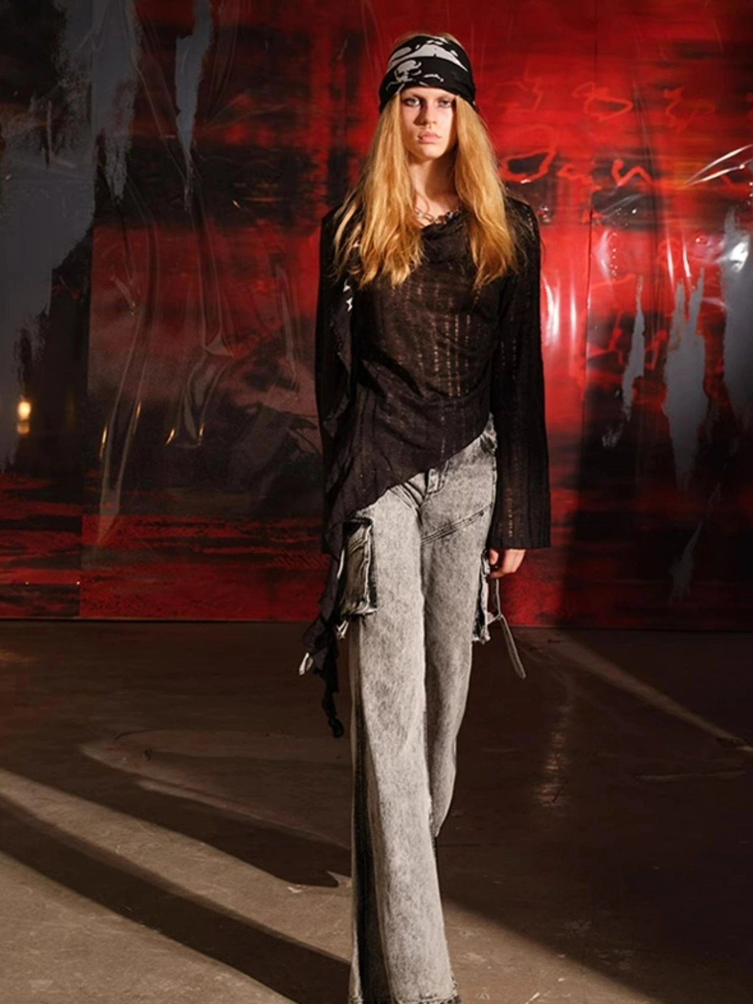 Dune Wasteland Style Irregular Ruffled Knit Top V-Neck T-Shirt Long-Sleeve