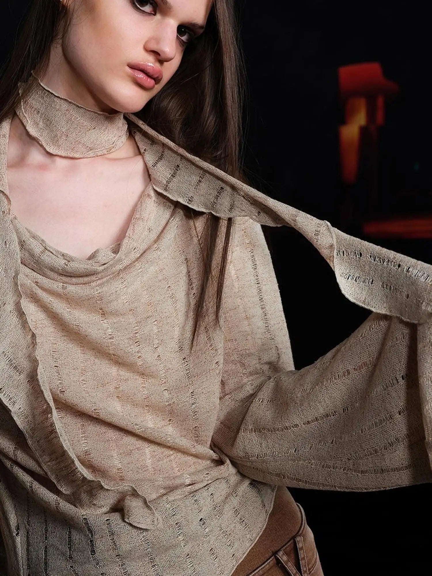 Dune Wasteland Style Irregular Ruffled Knit Top V-Neck T-Shirt Long-Sleeve