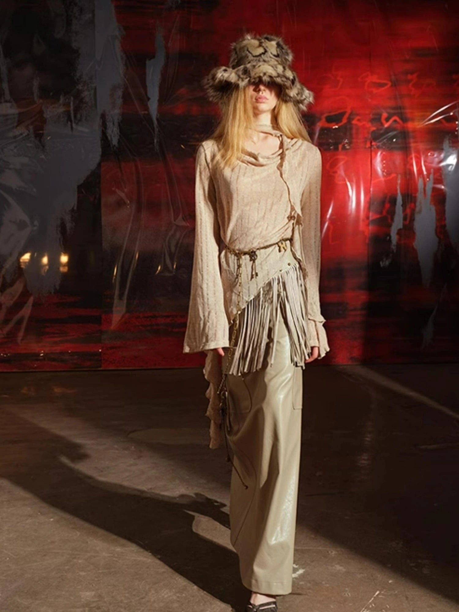 Dune Wasteland Style Irregular Ruffled Knit Top V-Neck T-Shirt Long-Sleeve