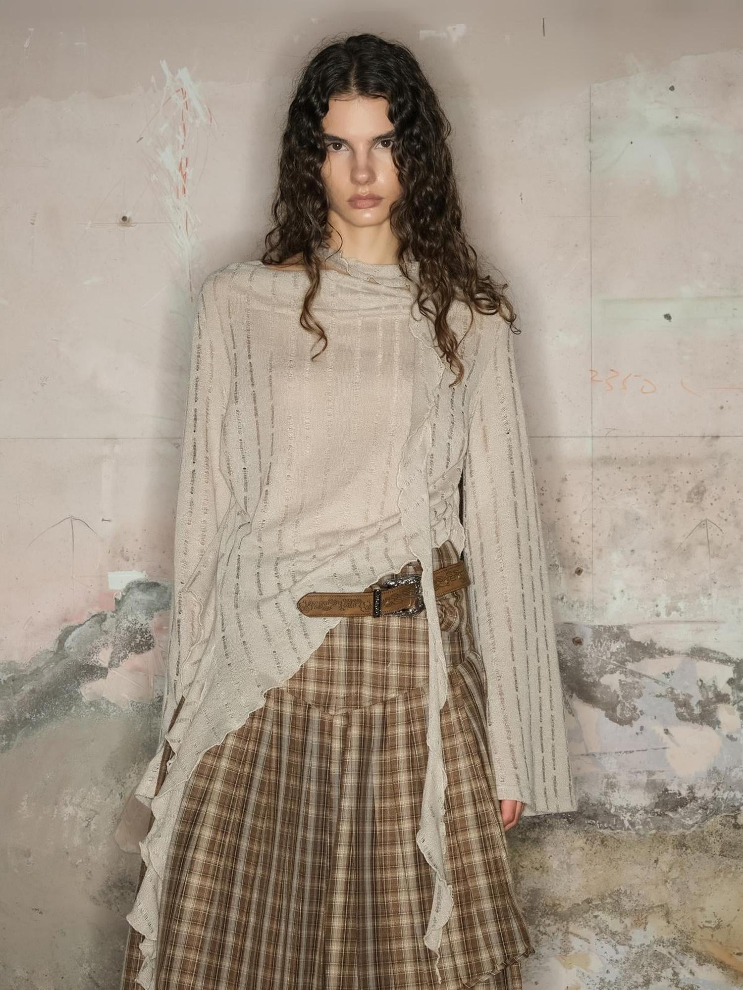 UpdateNN NORTH NODE Dune Wasteland Style Irregular Ruffled Knit Top V-Neck T-Shirt Long-Sleeve