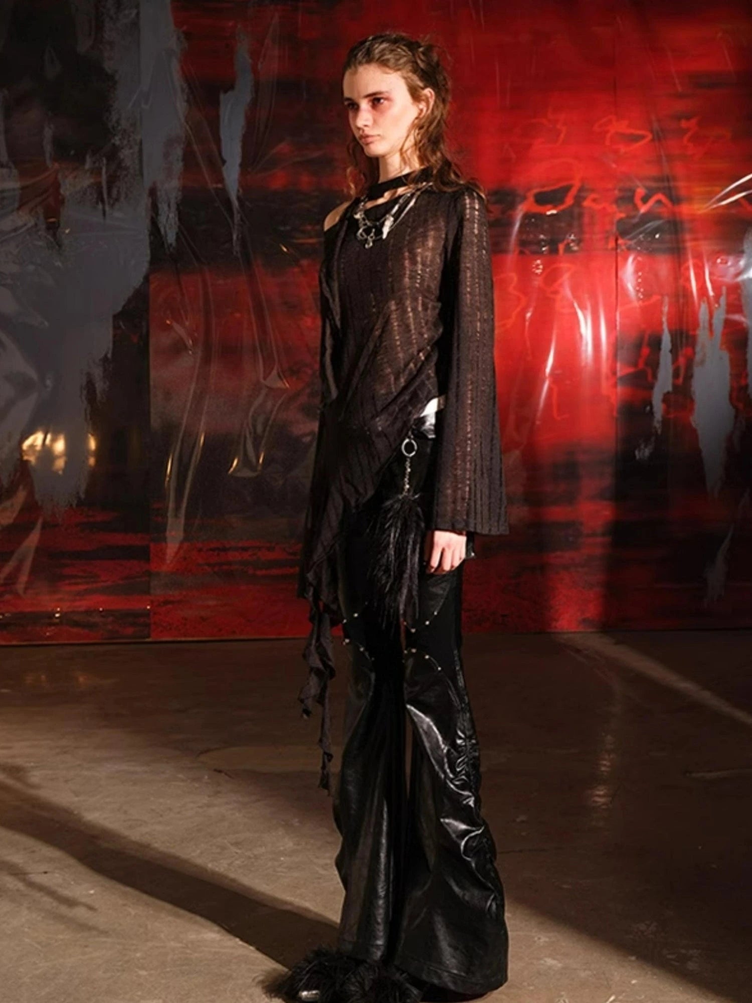 Dune Wasteland Style Irregular Ruffled Knit Top V-Neck T-Shirt Long-Sleeve