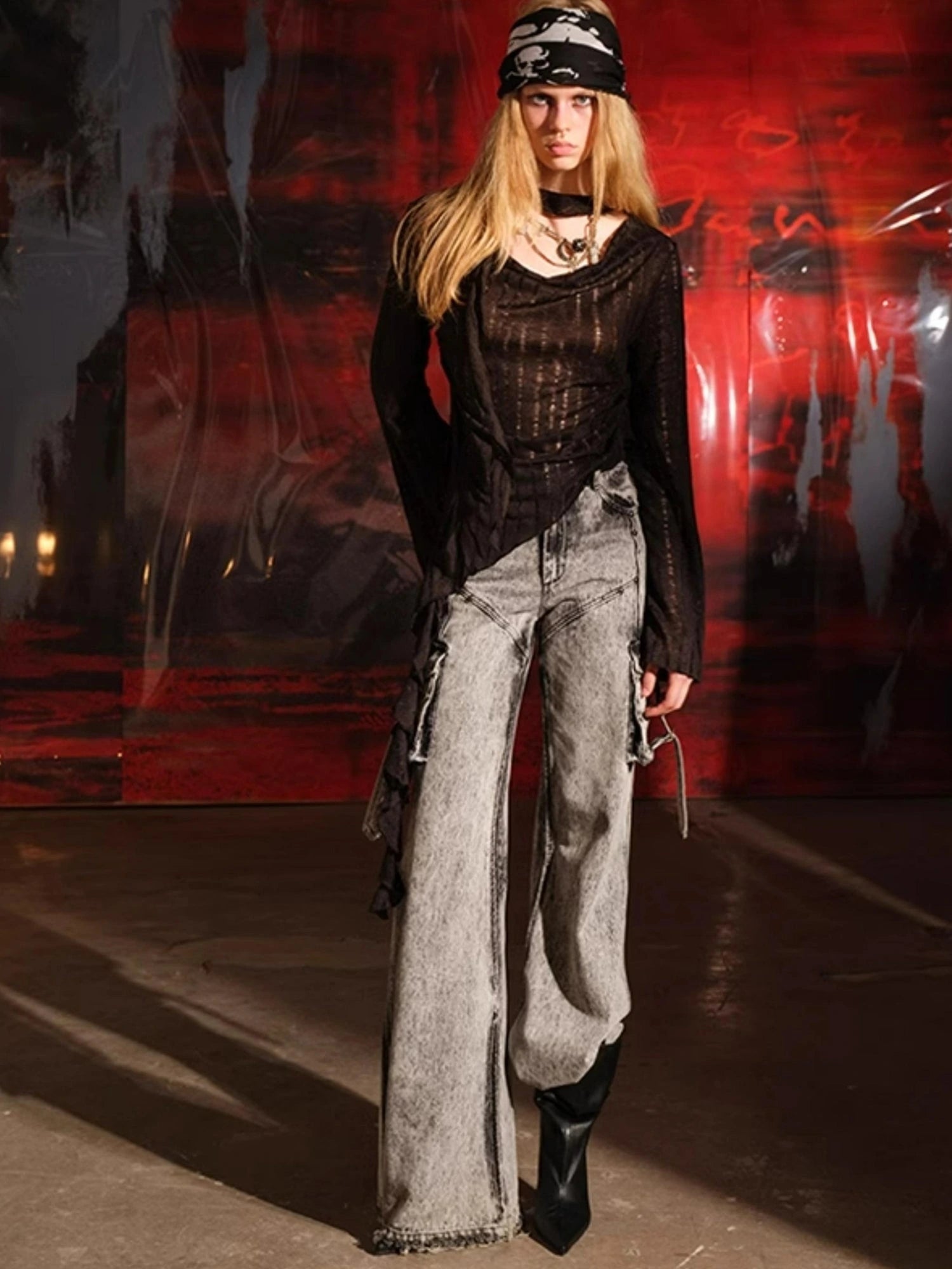 Dune Wasteland Style Irregular Ruffled Knit Top V-Neck T-Shirt Long-Sleeve