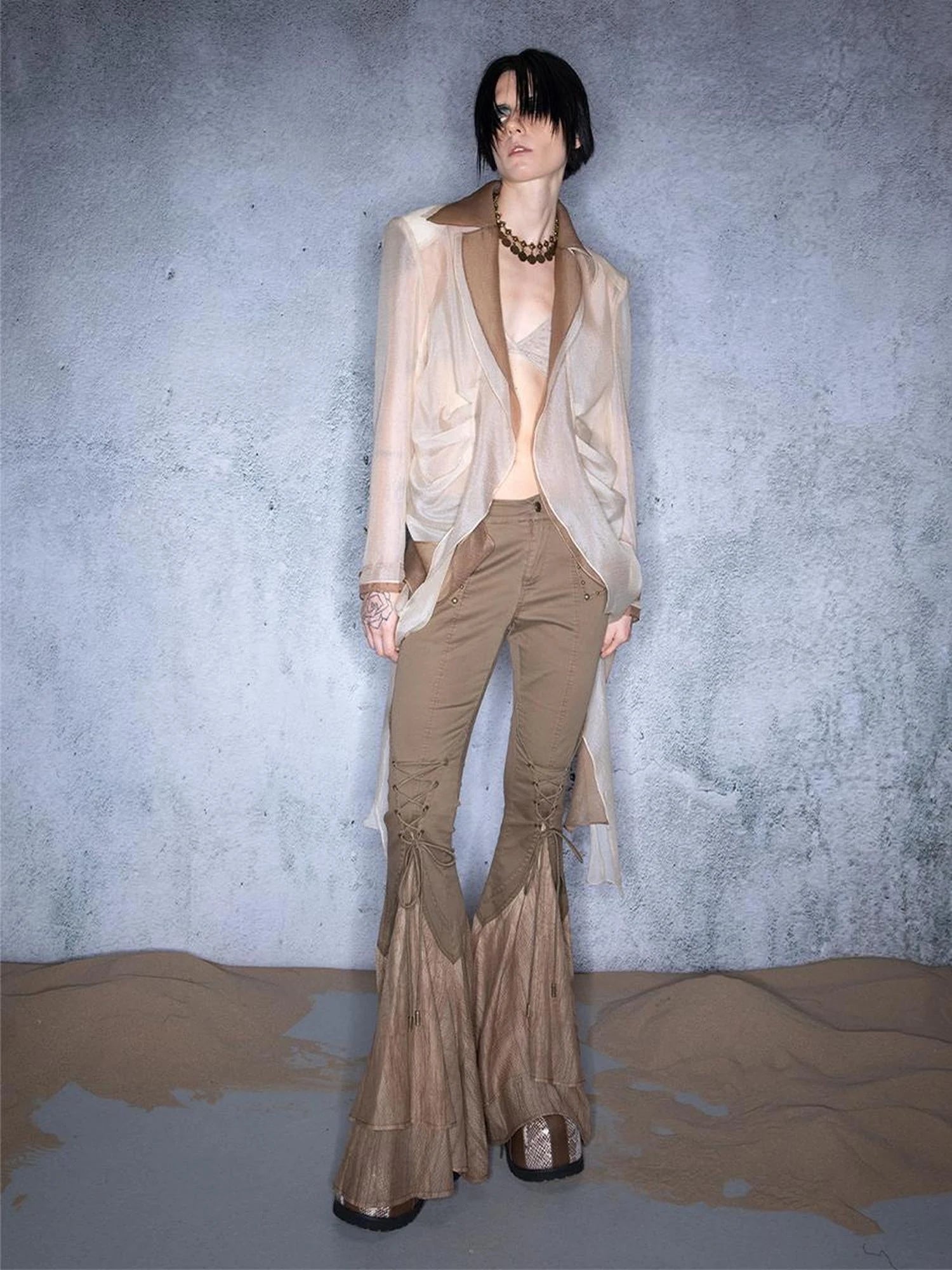 Ember Glow Dawn Flared Chiffon Tie Pants