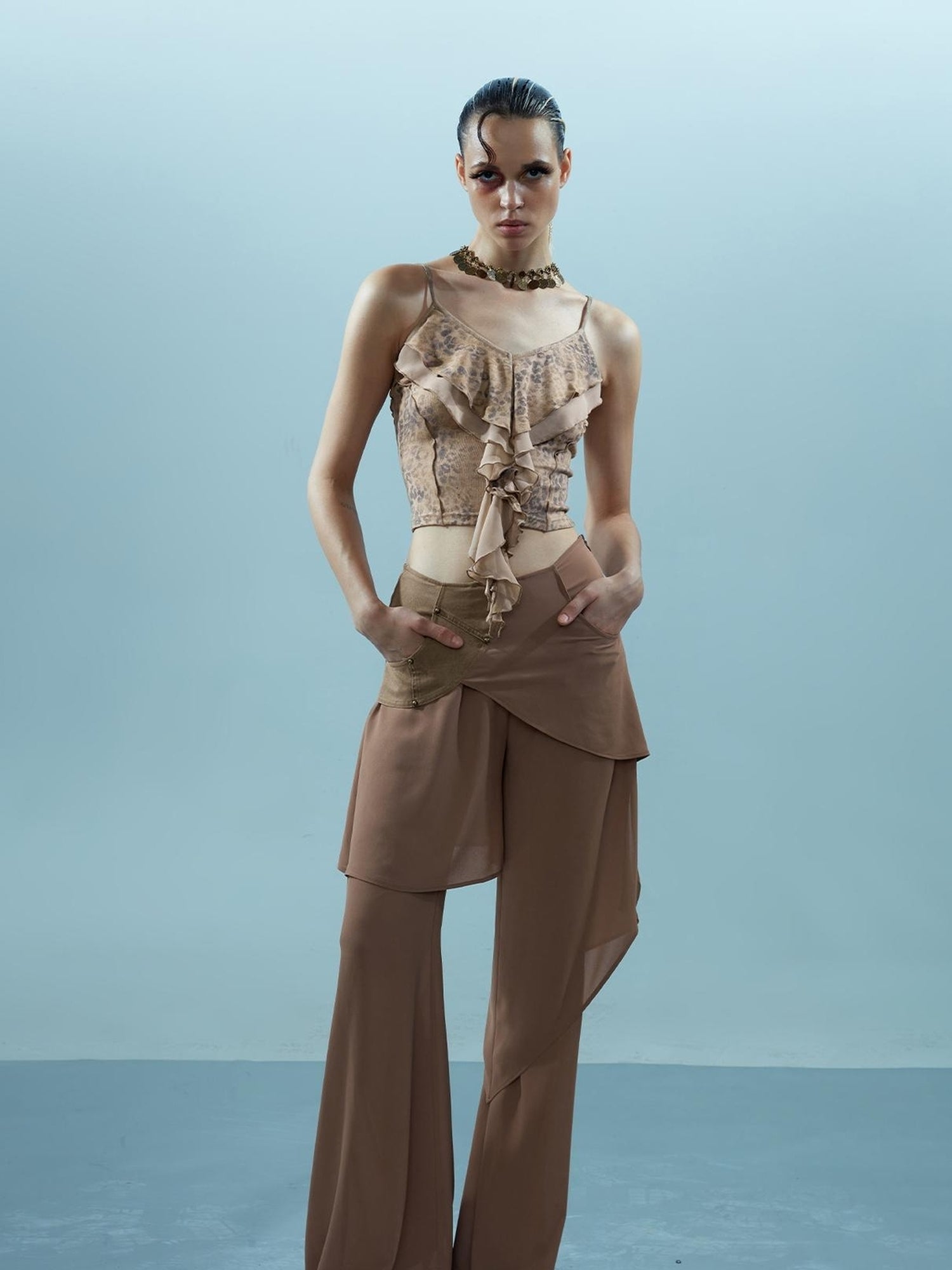 NN NORTH NODE Ethereal Threads Asymmetric Chiffon Palazzo Pants
