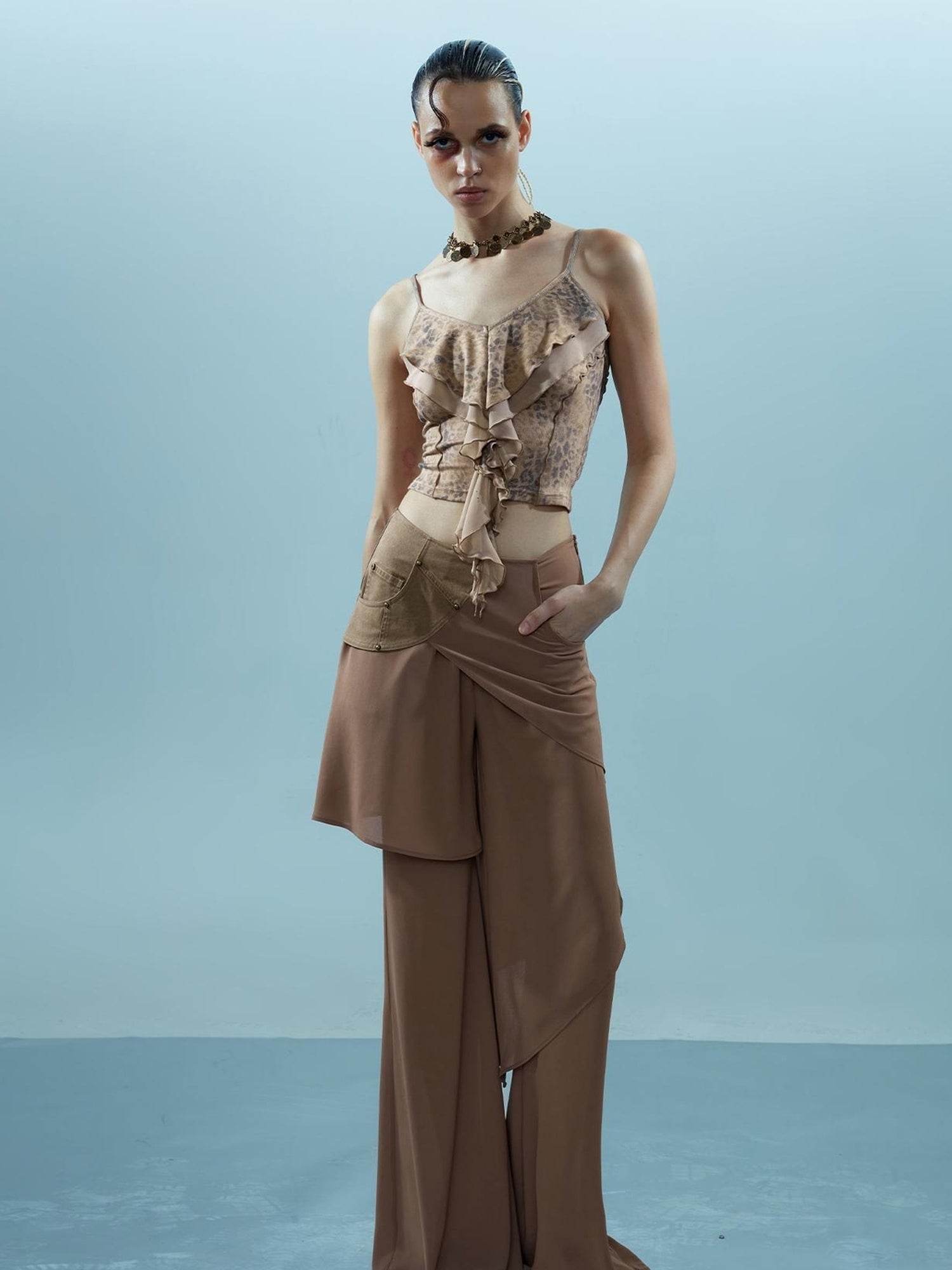 NN NORTH NODE Ethereal Threads Asymmetric Chiffon Palazzo Pants