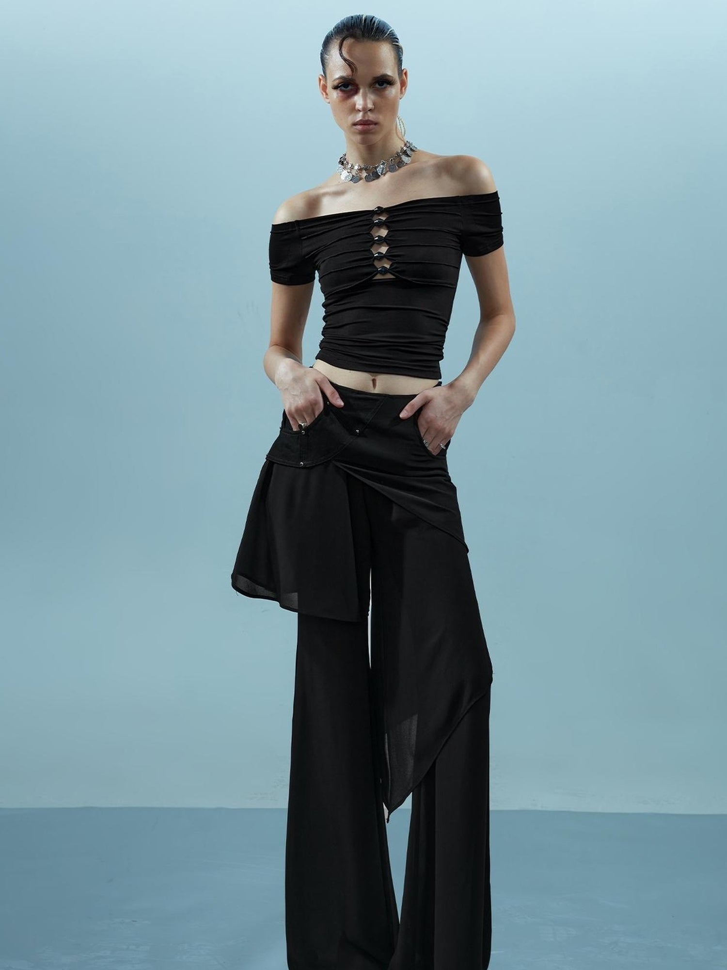 NN NORTH NODE Ethereal Threads Asymmetric Chiffon Palazzo Pants
