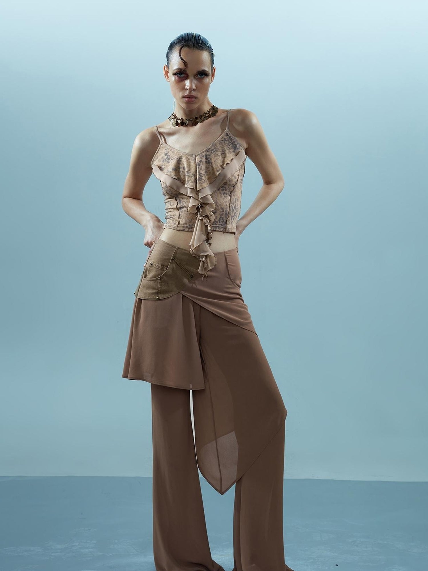 NN NORTH NODE Ethereal Threads Asymmetric Chiffon Palazzo Pants