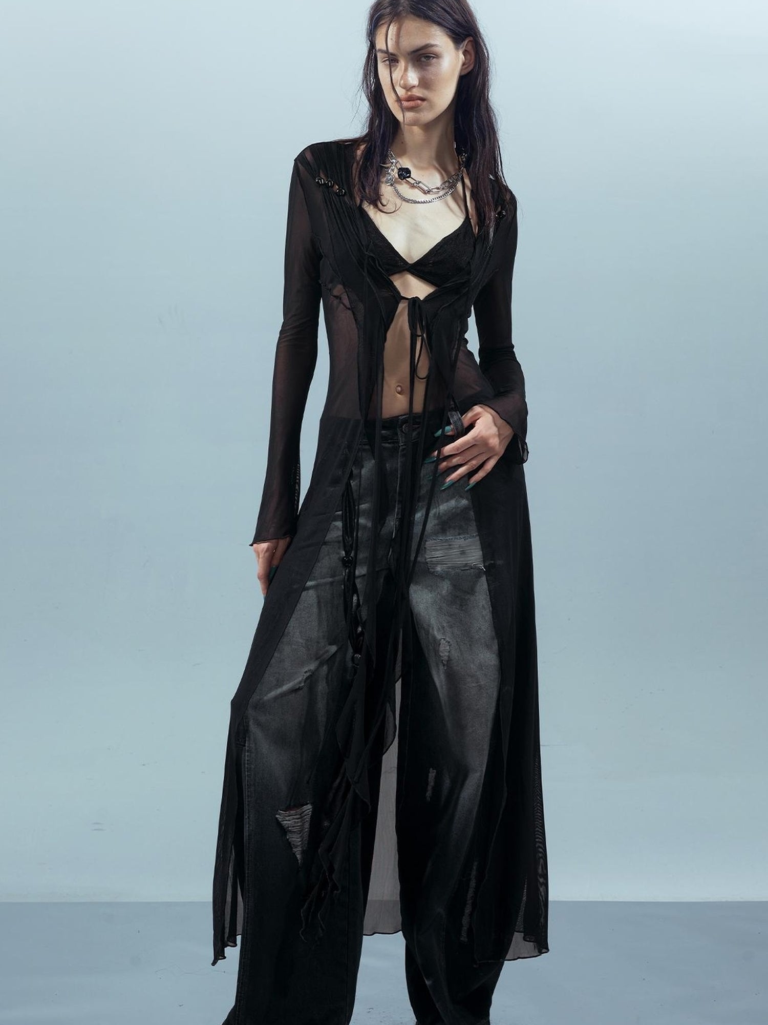 UpdateNN NORTH NODE Ethereal Threads Beaded Lace Up Mesh Knit