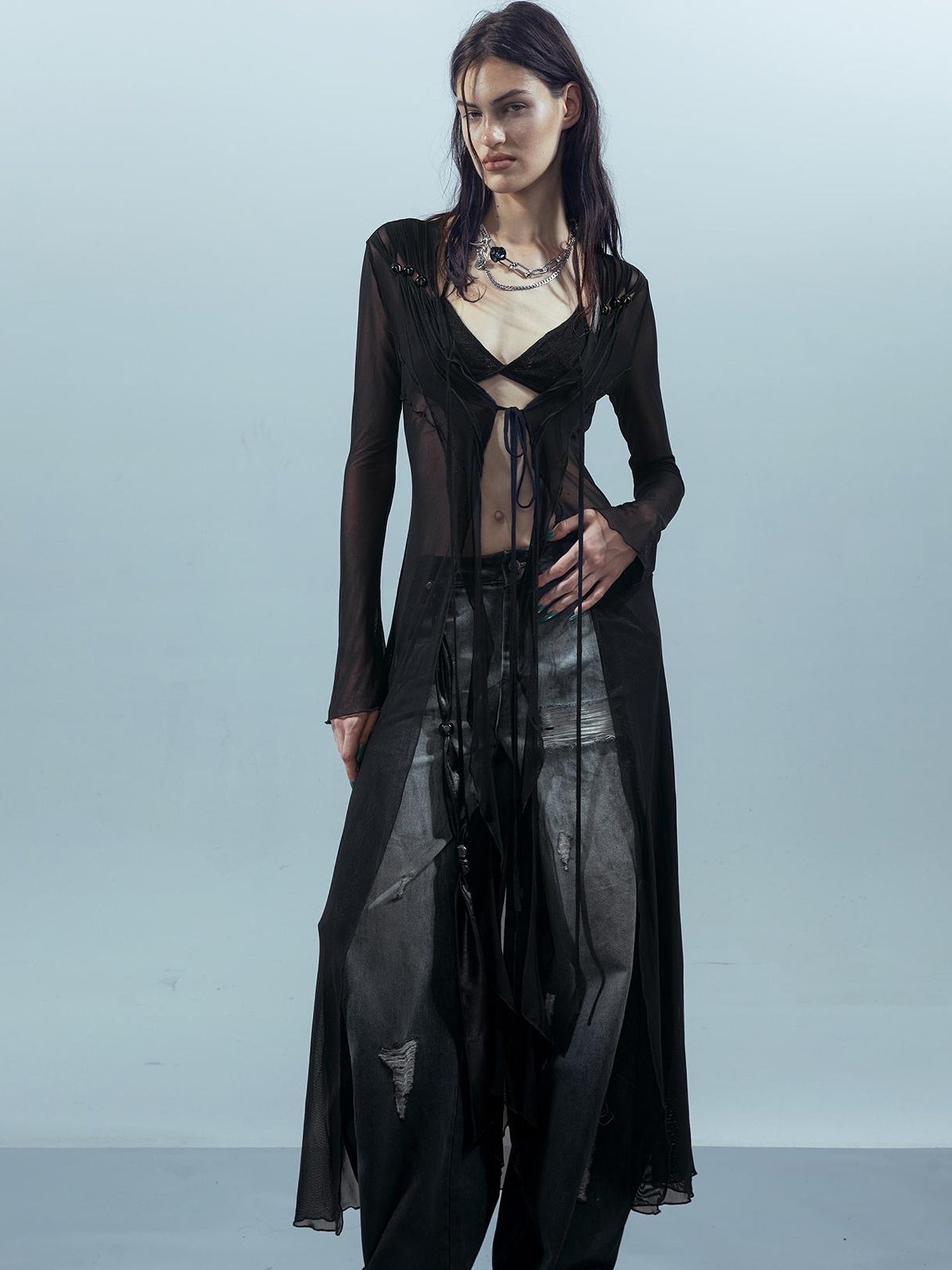 UpdateNN NORTH NODE Ethereal Threads Beaded Lace Up Mesh Knit