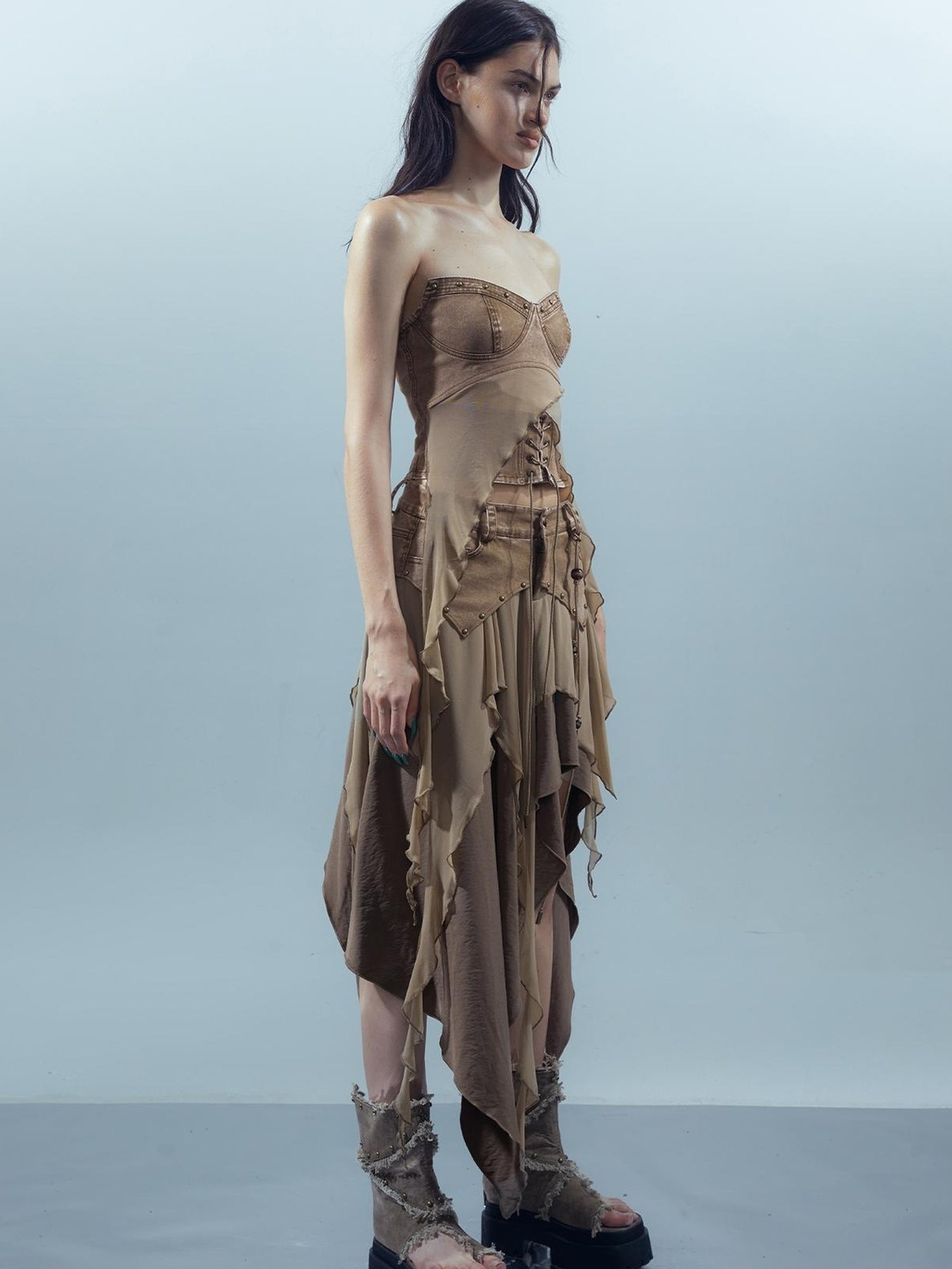 UpdateNN NORTH NODE Ethereal Threads Distressed Asymmetrical Layered Skirt
