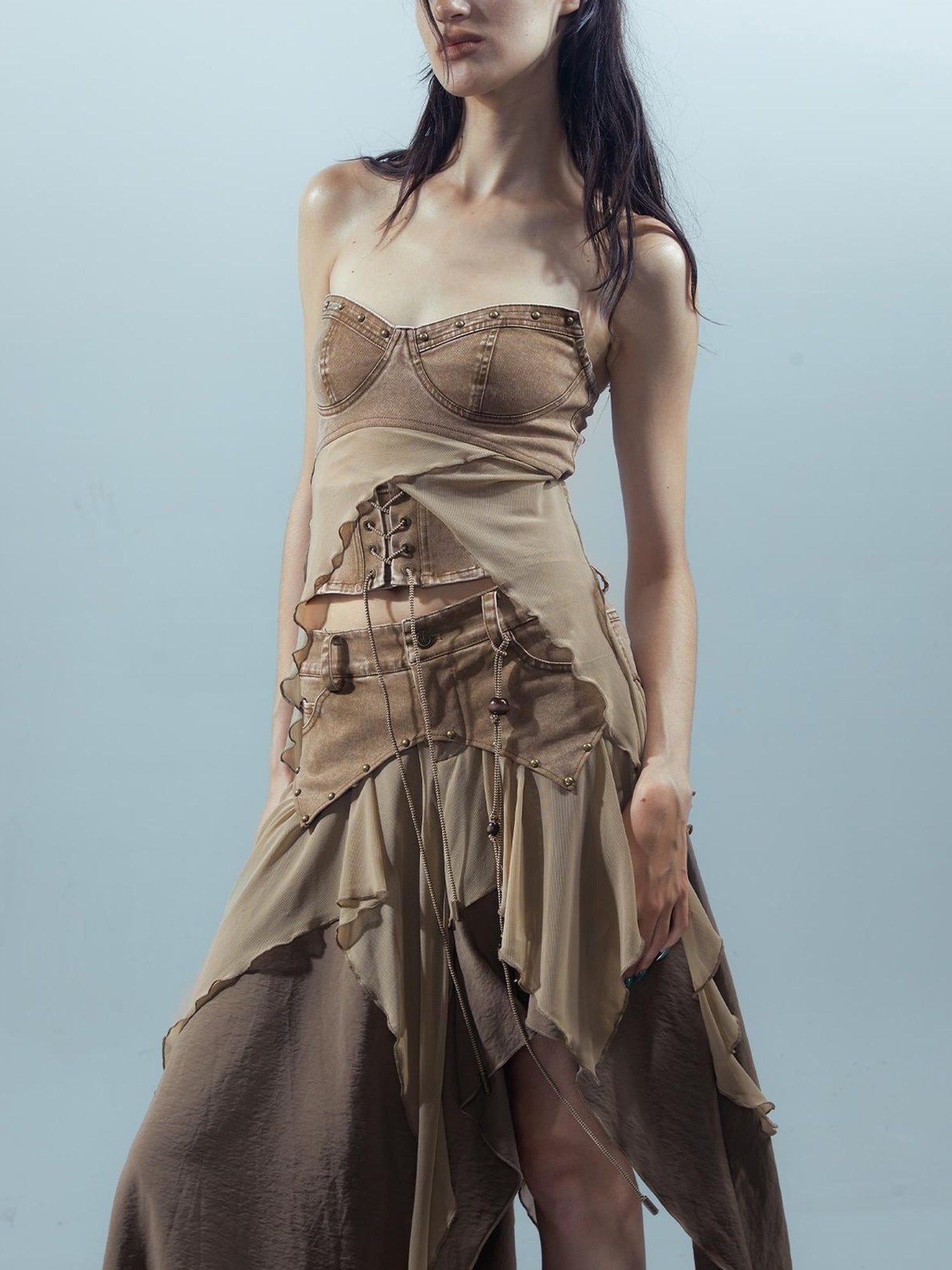 UpdateNN NORTH NODE Ethereal Threads Distressed Asymmetrical Layered Skirt