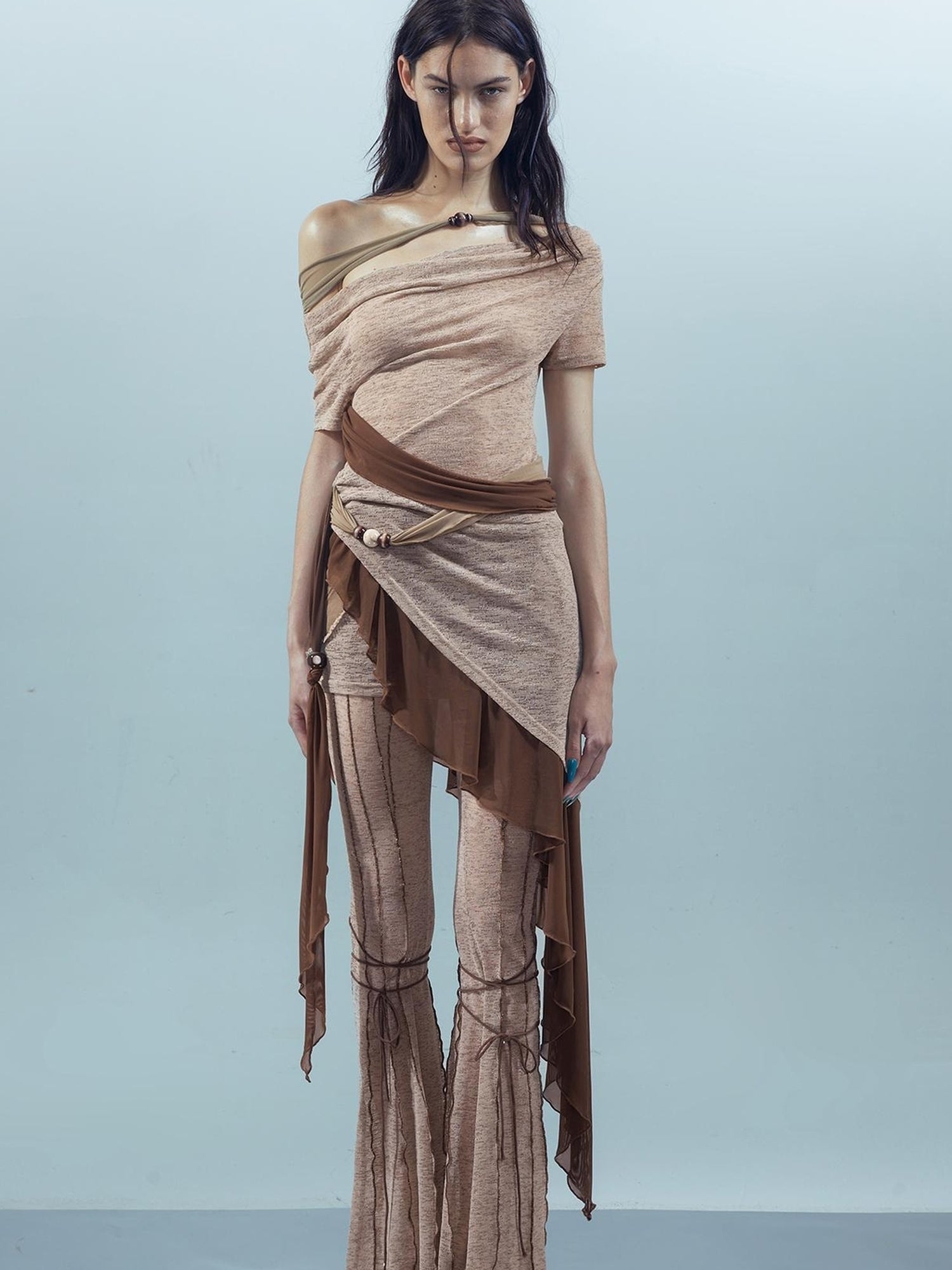 UpdateNN NORTH NODE Ethereal Threads Mirage T-shirt With Beaded Mesh V-neck Long-Sleeve