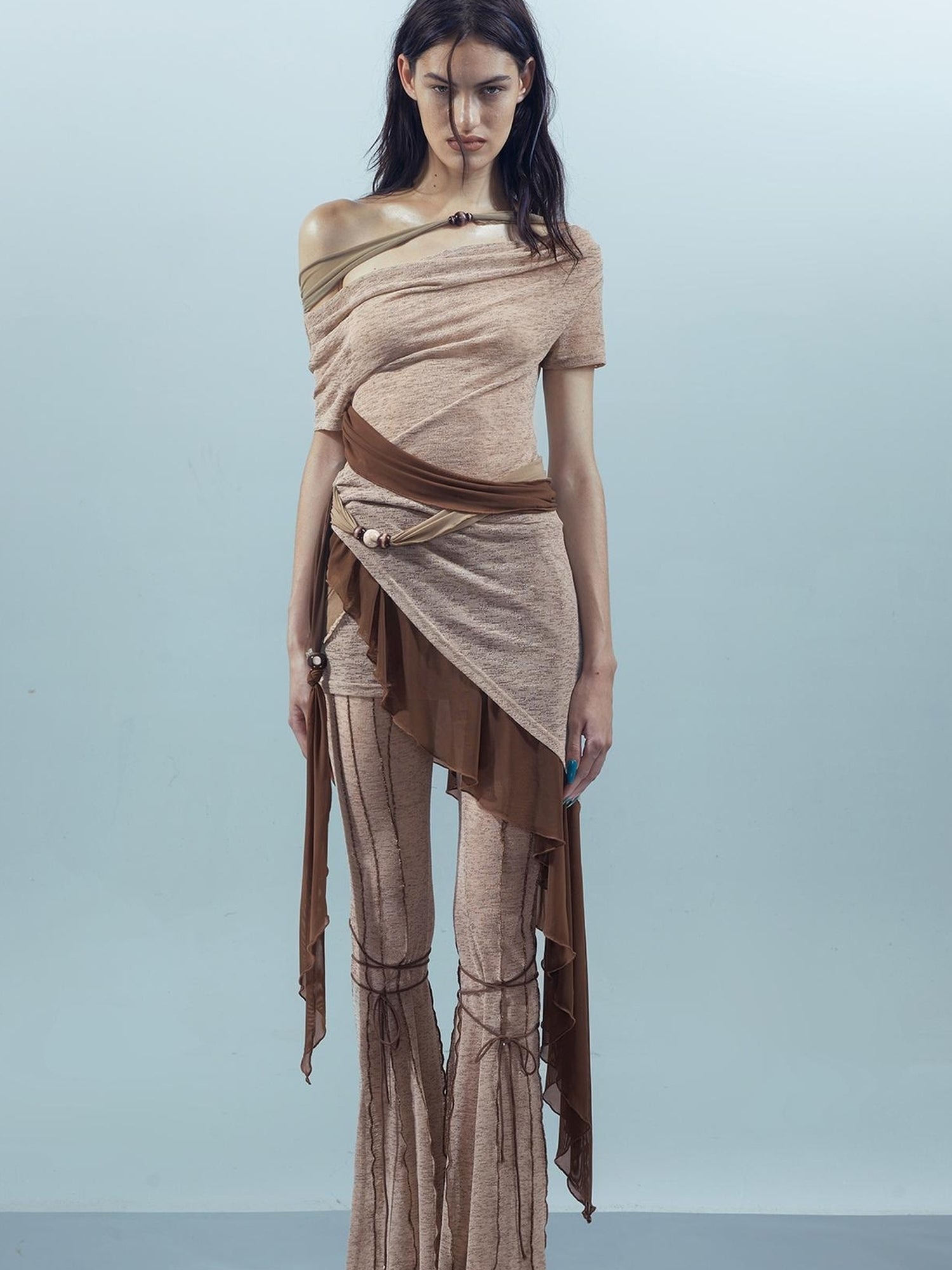 UpdateNN NORTH NODE Ethereal Threads Mirage T-shirt With Beaded Mesh V-neck Long-Sleeve