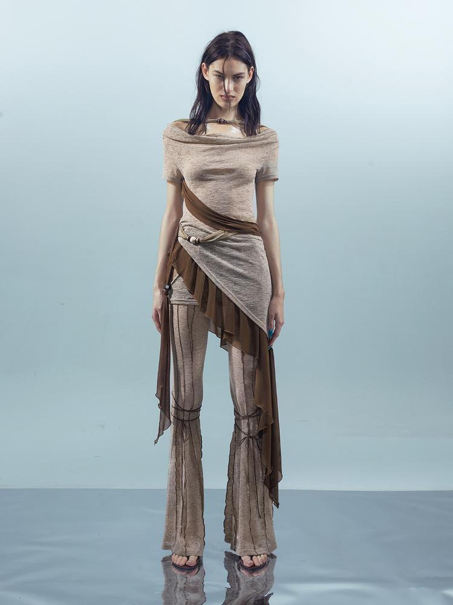 UpdateNN NORTH NODE Ethereal Threads Mirage T-shirt With Beaded Mesh V-neck Long-Sleeve