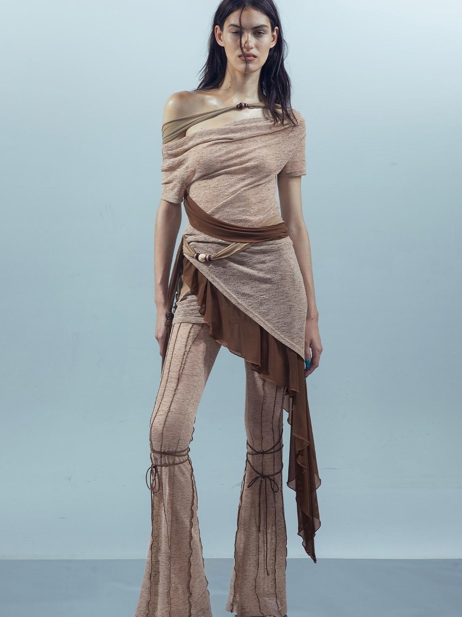 UpdateNN NORTH NODE Ethereal Threads Mirage T-shirt With Beaded Mesh V-neck Long-Sleeve