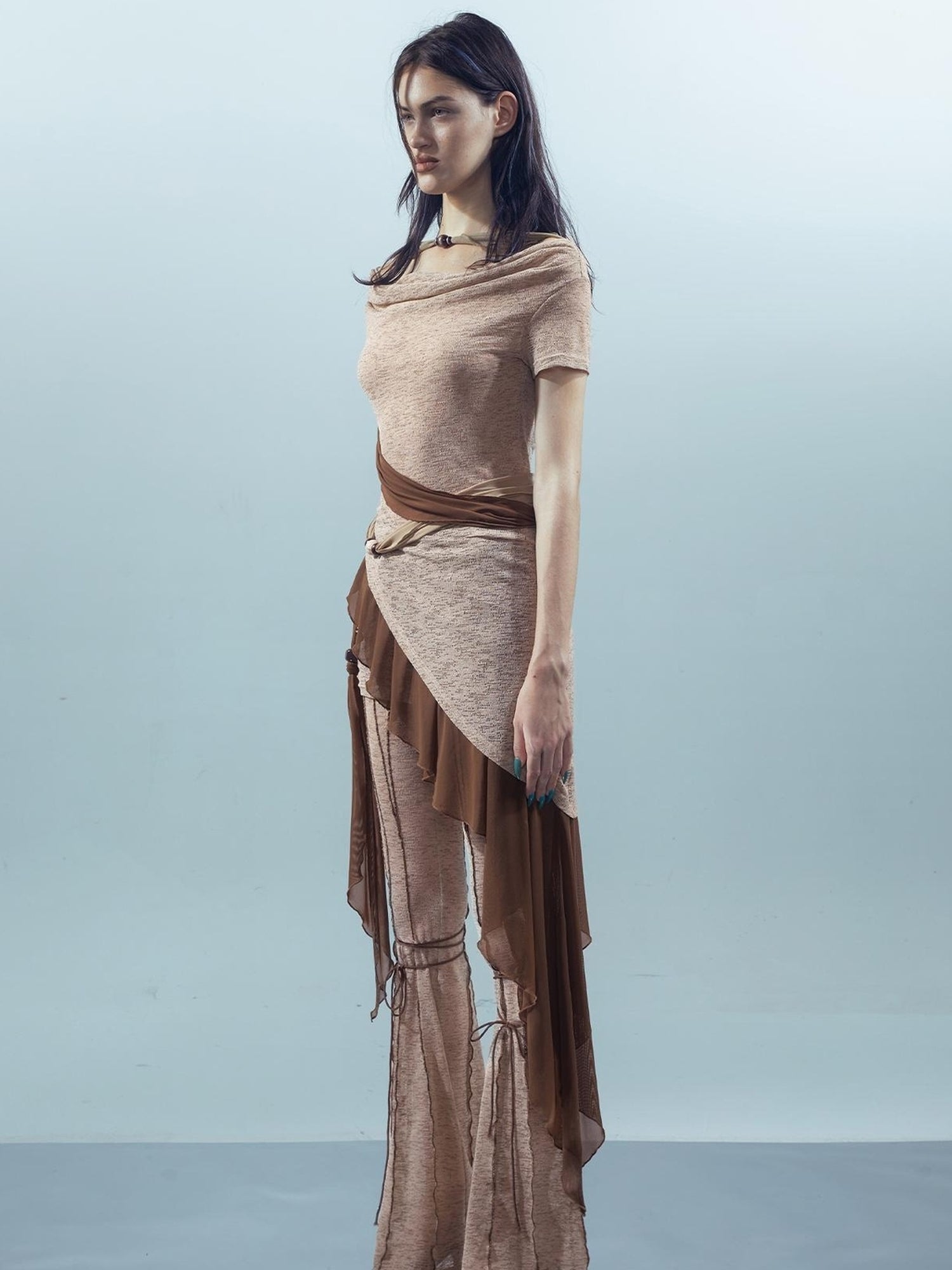 UpdateNN NORTH NODE Ethereal Threads Mirage T-shirt With Beaded Mesh V-neck Long-Sleeve