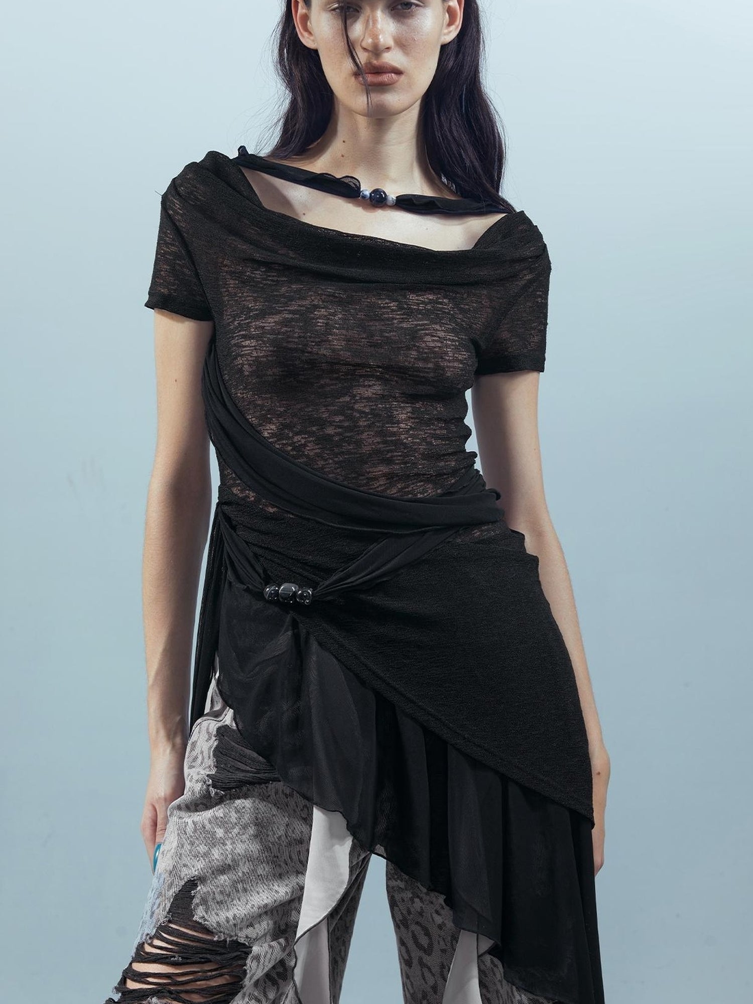 UpdateNN NORTH NODE Ethereal Threads Mirage T-shirt With Beaded Mesh V-neck Long-Sleeve