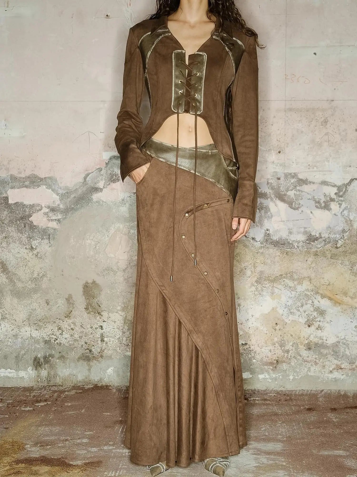 Faux Suede Midi Skirt With Pleated Panel