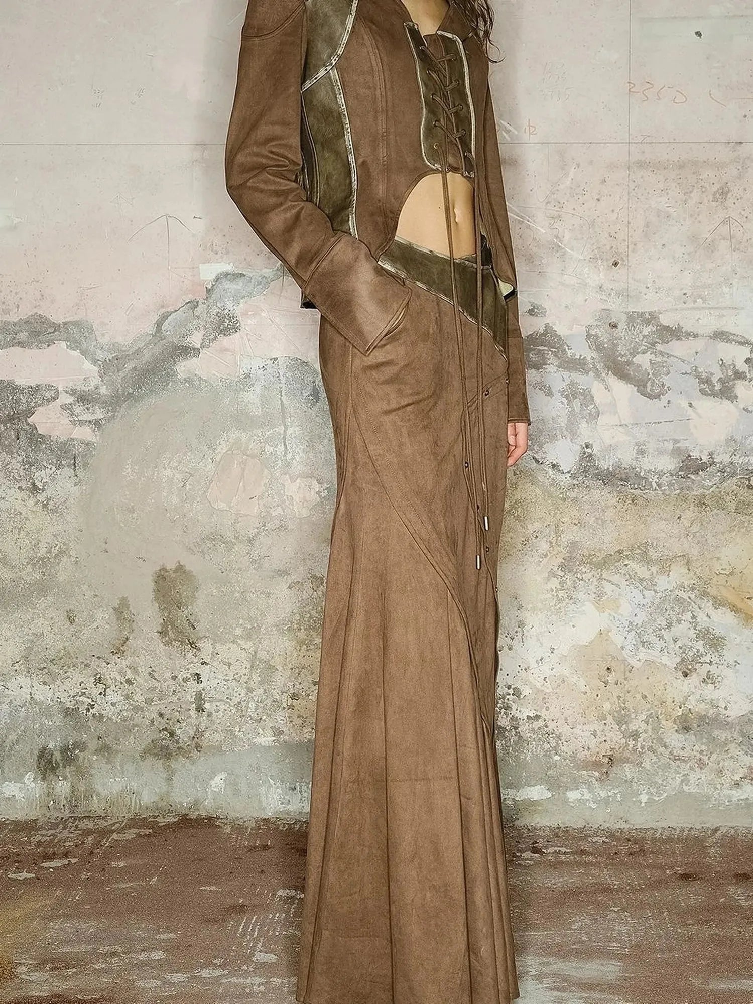 Faux Suede Midi Skirt With Pleated Panel